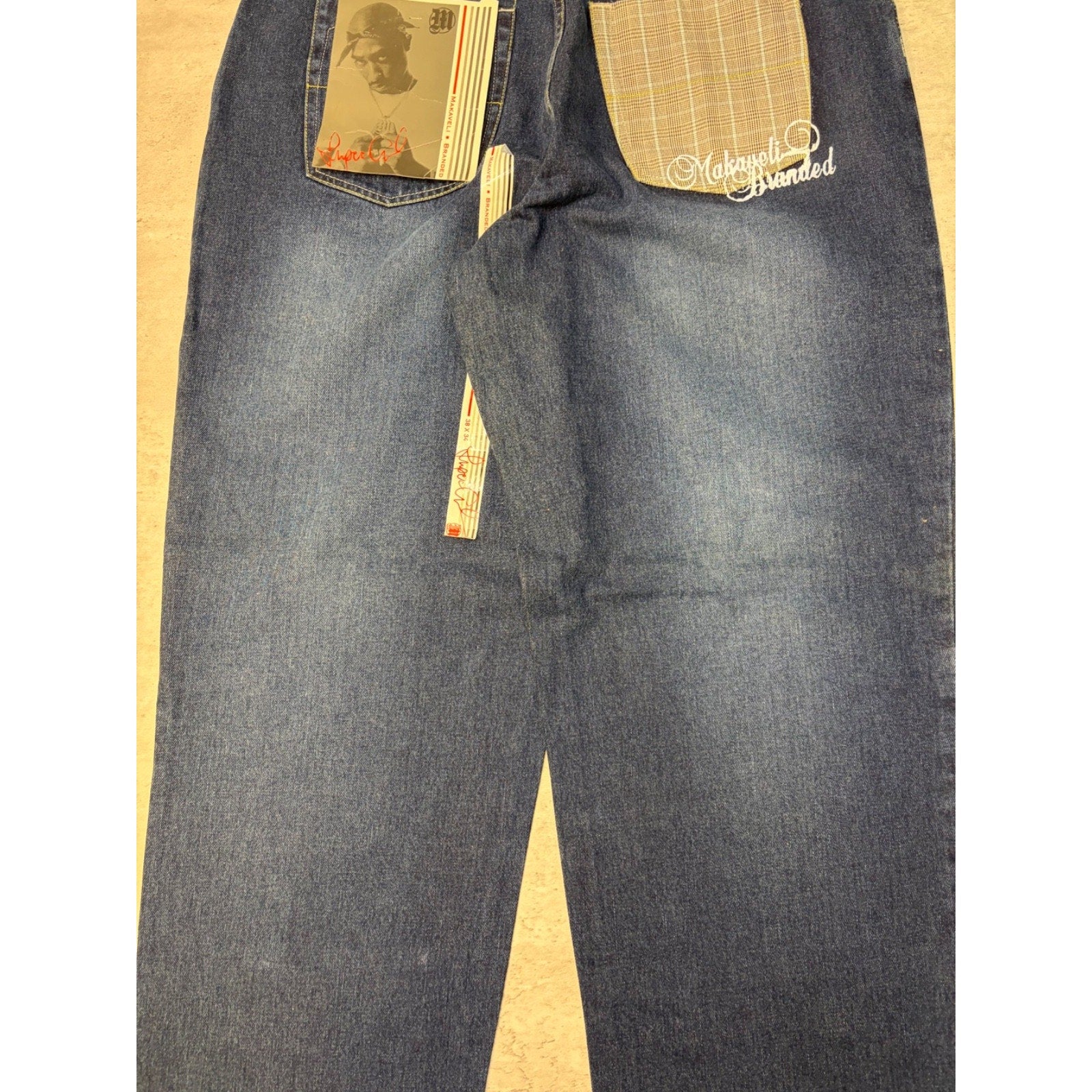Vintage Y2K Makaveli Plaid Pocket Embroidered Dark Wash Denim Pants