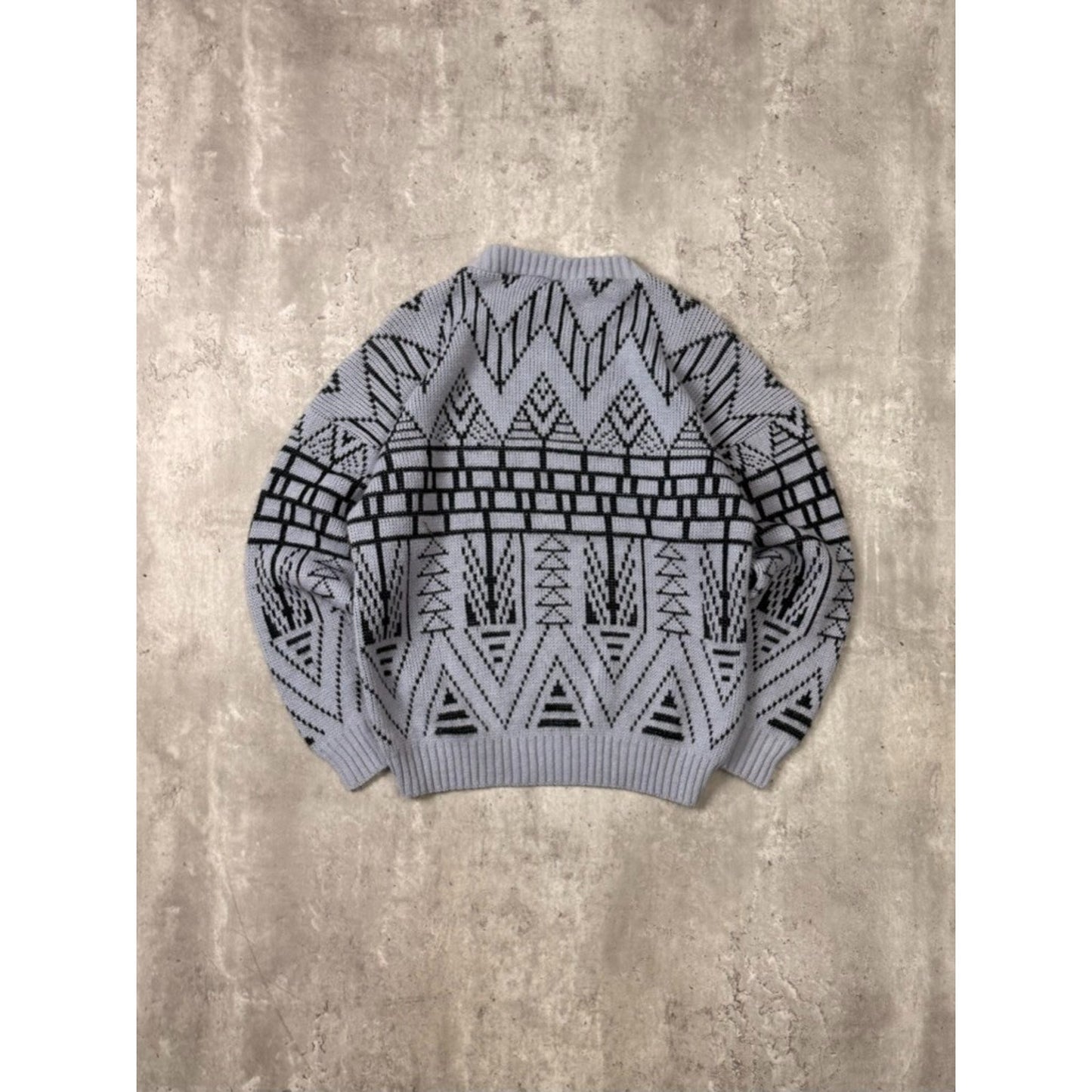 Vintage 90s Spunky Geometric Striped Pullover Knit Sweater Size Medium Gray