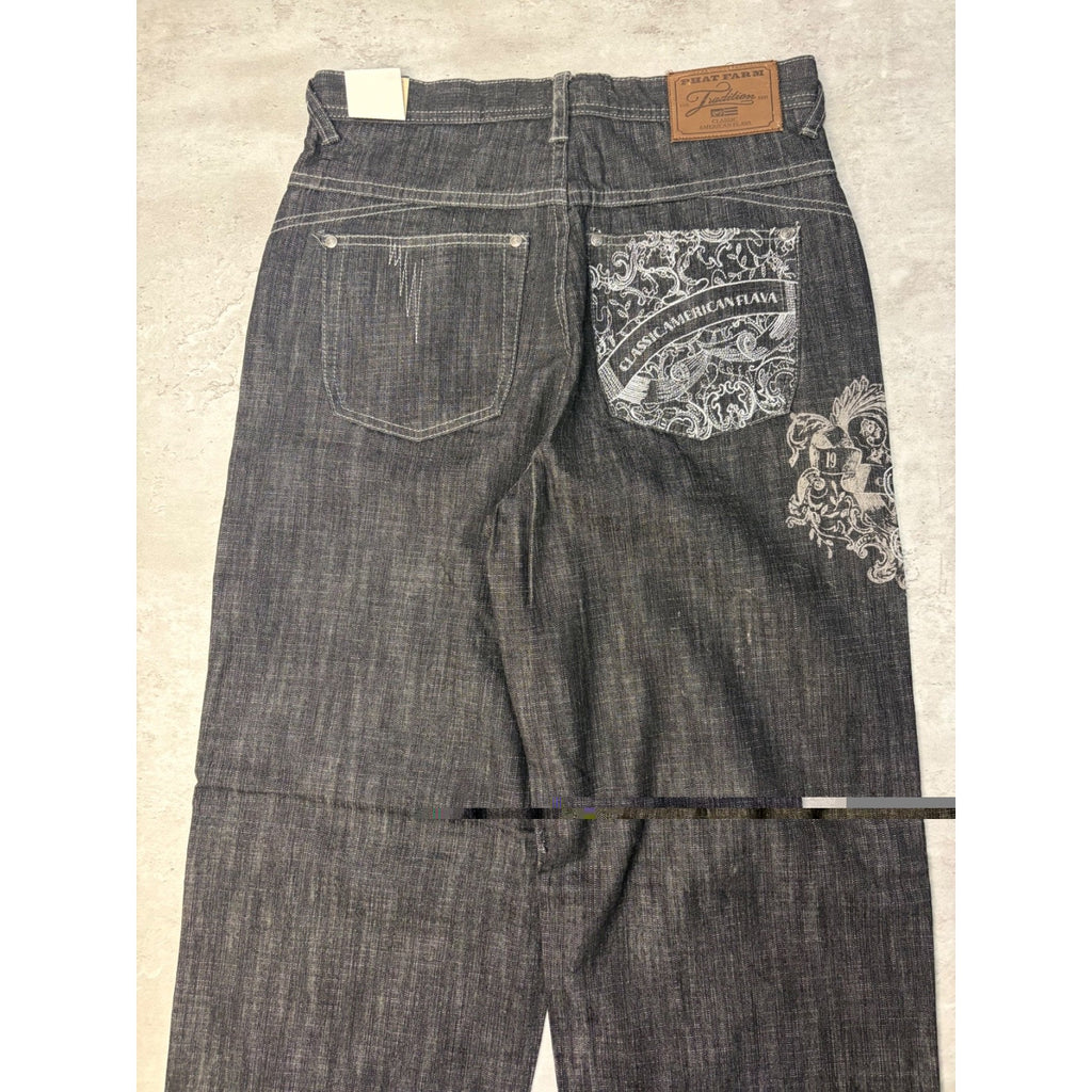 Vintage Y2K Womens Phat Farm Embroidered Graphic Black Wash Denim Pants Sz 29x31