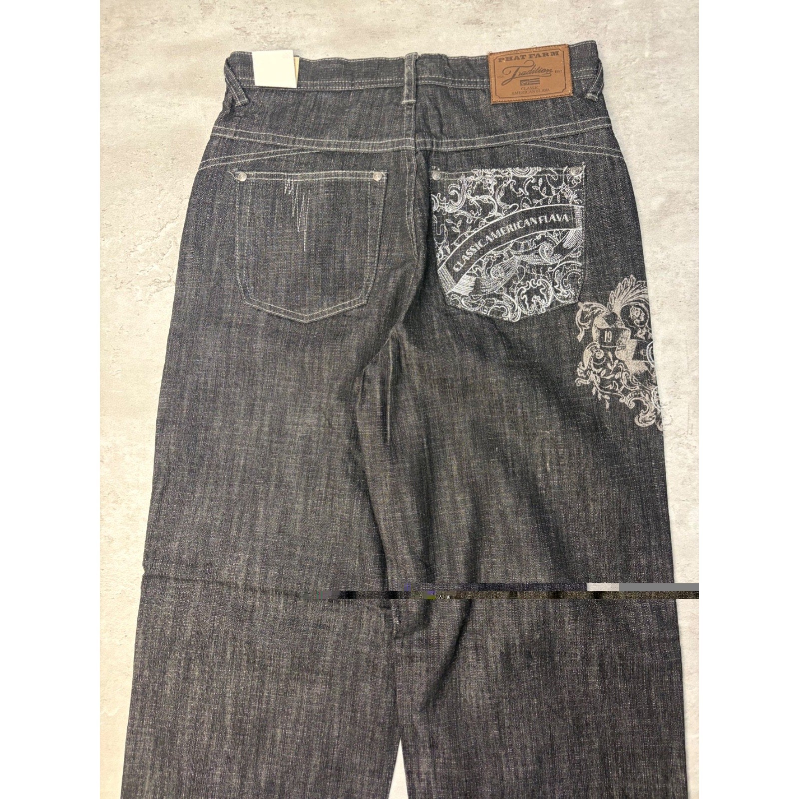 Vintage Y2K Womens Phat Farm Embroidered Graphic Black Wash Denim Pants Sz 29x31