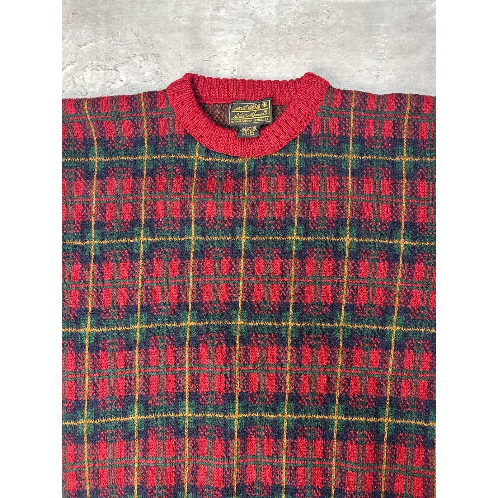 Vintage 90s Eddie Bauer Plaid Print Pullover Knit Sweater Size Large