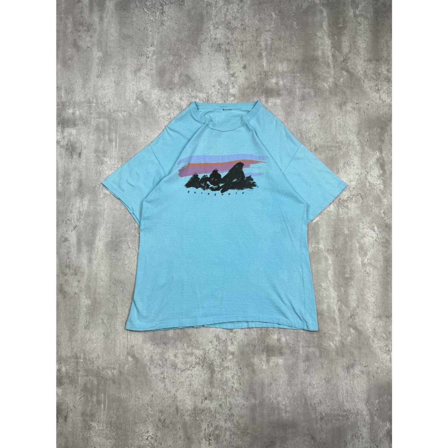 Vintage 90s Patagonia Painted Logo Graphic Spellout T-Shirt Size Large Blue
