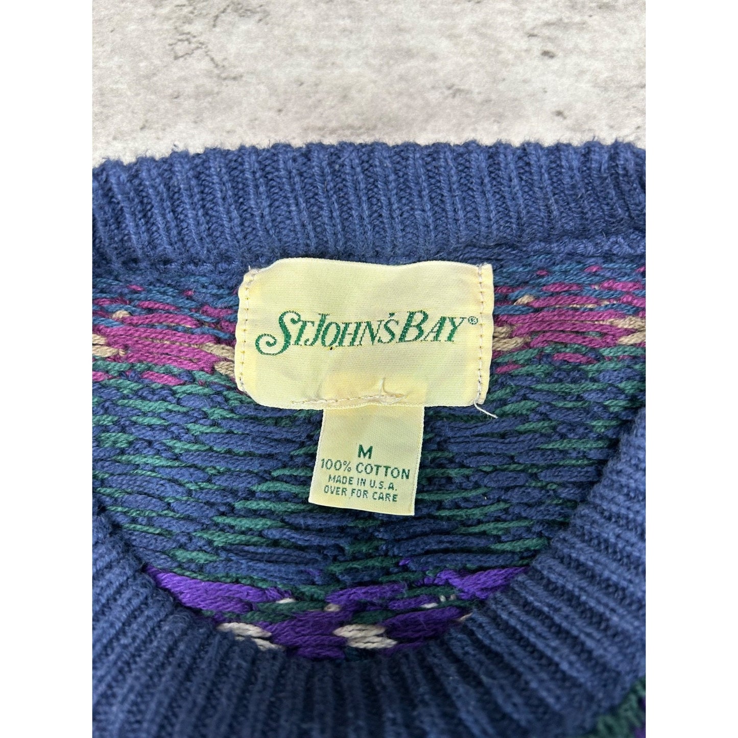 Vintage St Johns Bay Geometric Striped Pullover Knit Sweater Size Medium