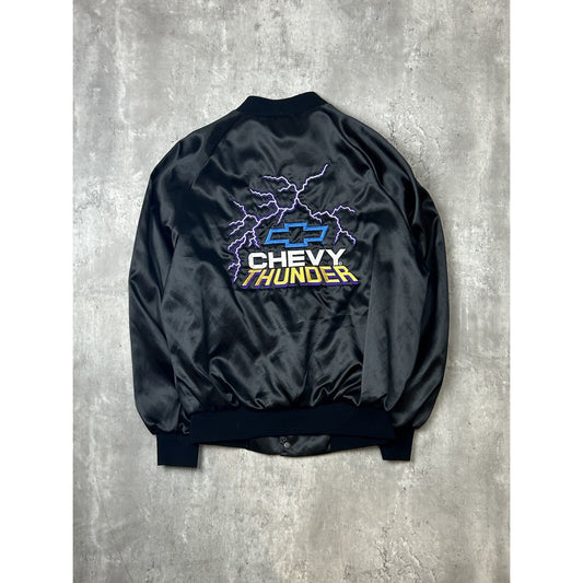 Vintage 80s Chevy Thunder Embroidered Lightning Satin Bomber Jacket Size Medium