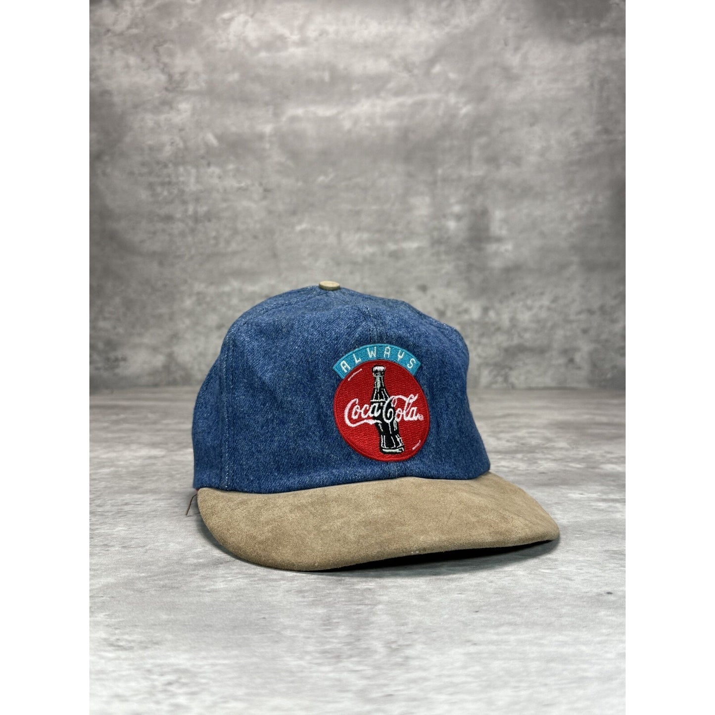 Vintage 90s Coca Cola Embroidered Spellout Logo Denim Snapback Hat OSFA