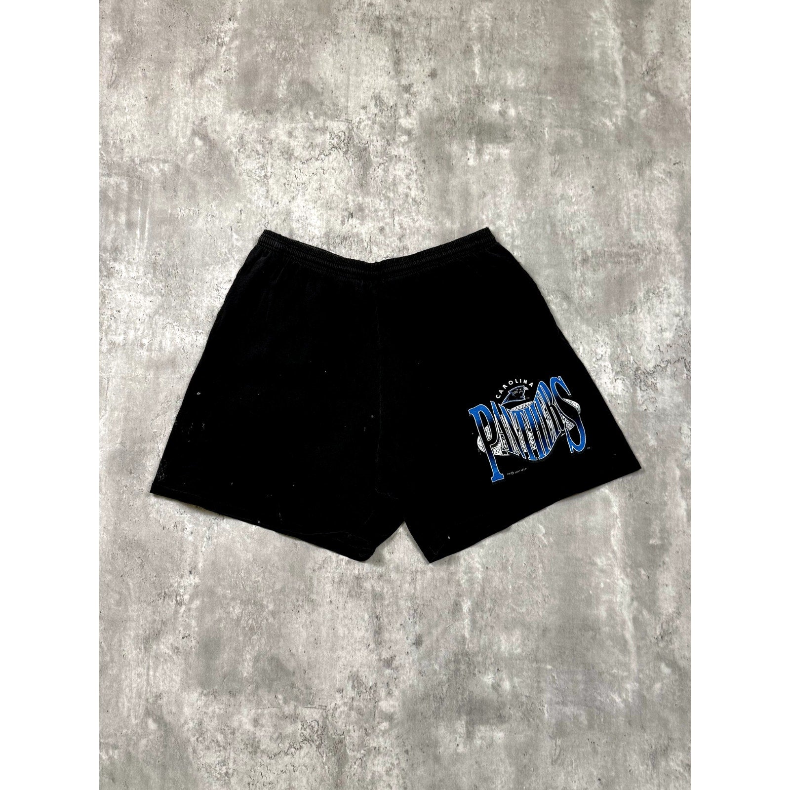 Vintage 1997 Carolina Panthers NFL Spellout Logo Graphic Sweat Shorts Size Large