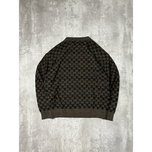 Vintage 90s Geoffrey Beene Checkered Print Earth Tone Knit Sweater Size Large