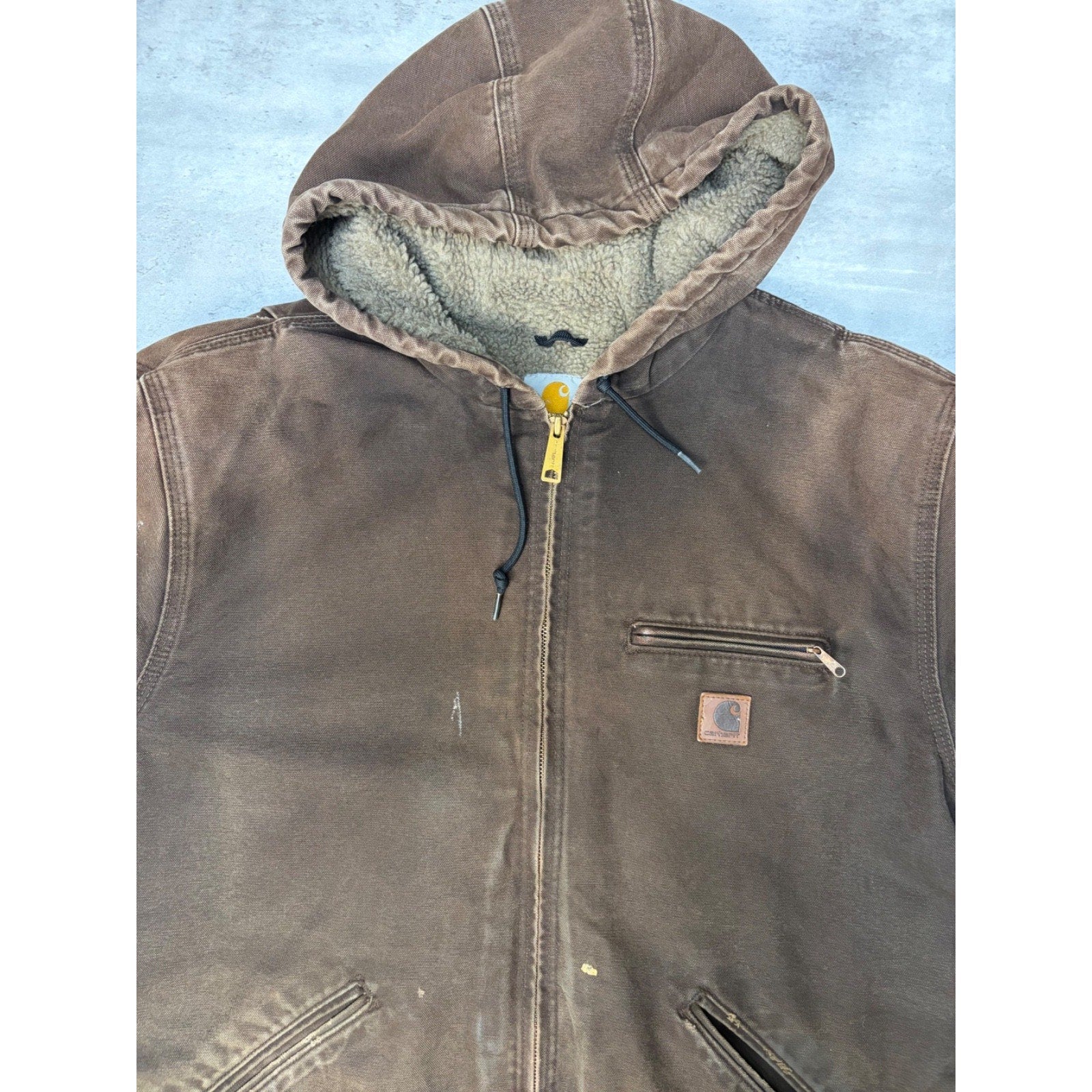 Vintage Carhartt Fleece Lined Canvas Brown Hooded Detroit Jacket Size Large