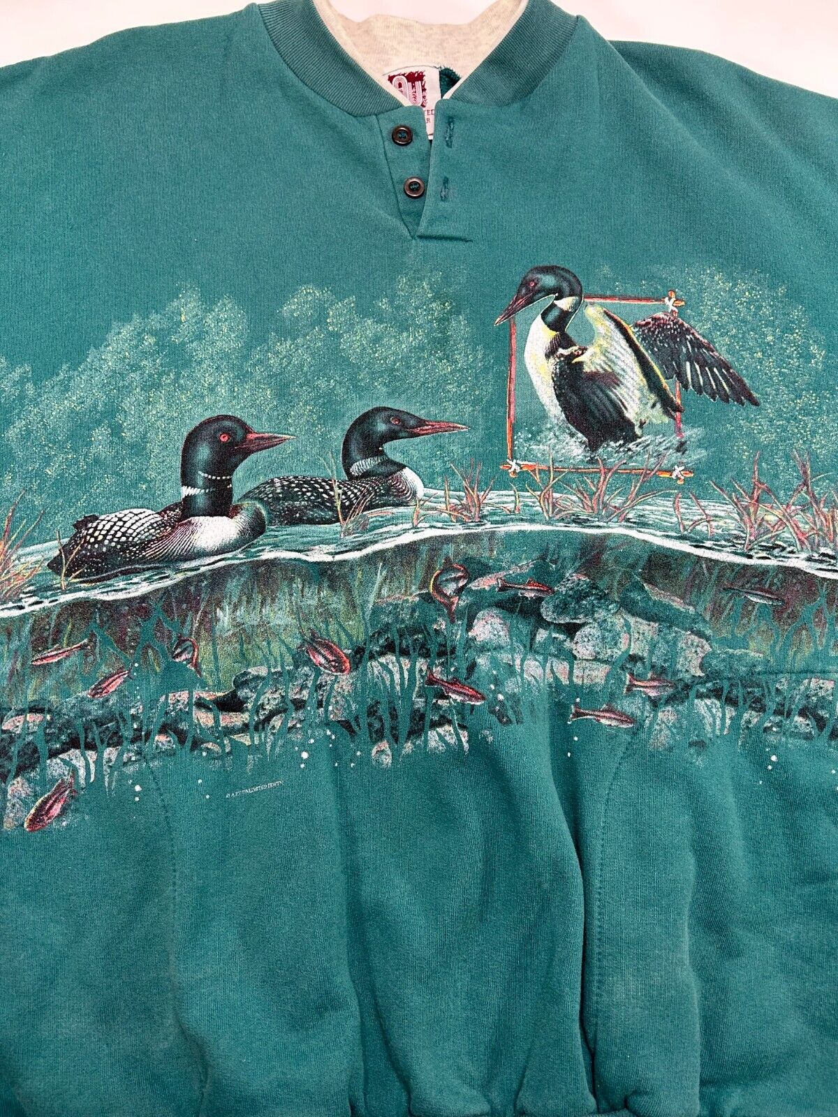 Vintage 90s Duck Nature All Over Print Graphic 1/4 Button Up Sweatshirt Size XL