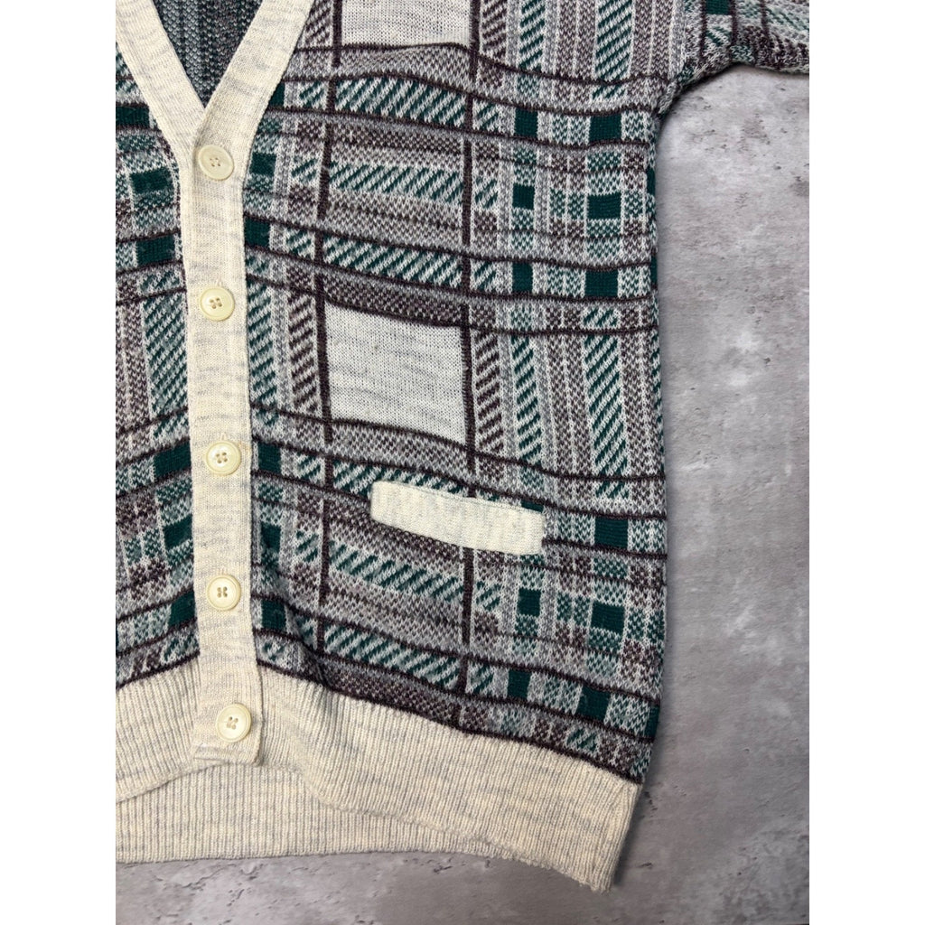 Vintage 80s Moda Abstract Plaid Print Cardigan Knit Sweater Size Large
