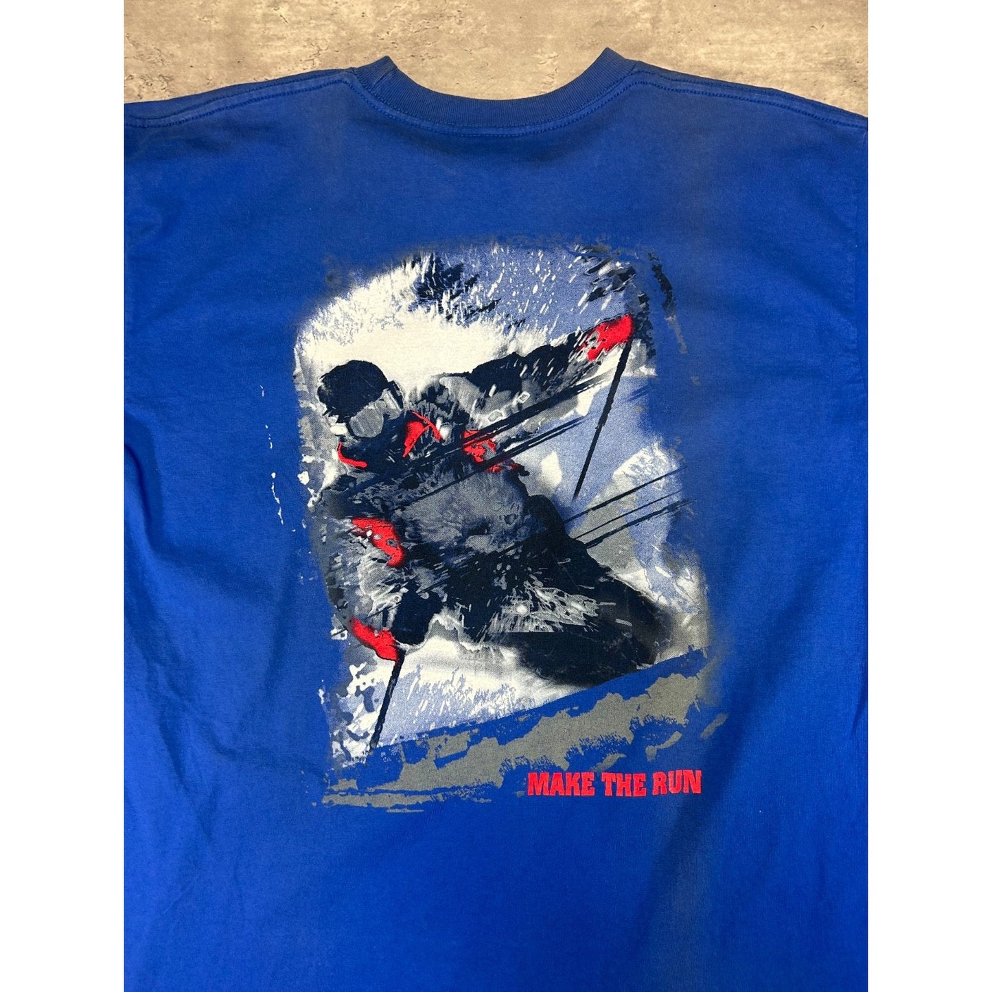 Vintage 90s Make The Run Skiing Graphic T-Shirt Size Large Blue