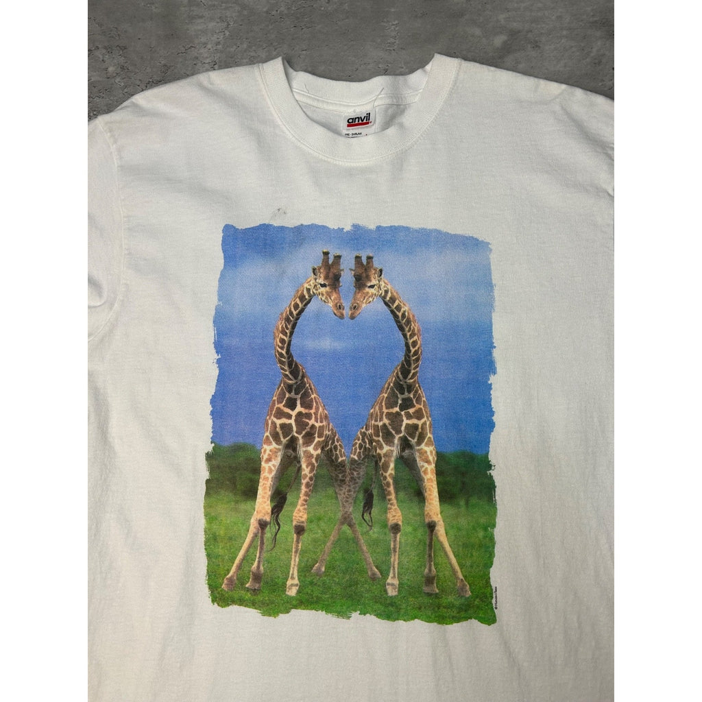 Vintage 90s Giraffe Nature Animal Wildlife White Graphic T-Shirt Size Large
