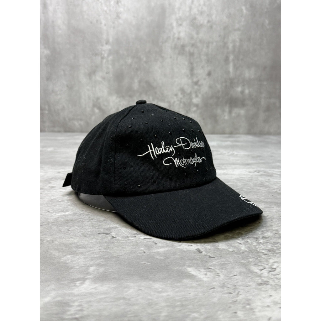 Vintage Harley Davidson Bedazzled Embroidered Spellout Strapback Hat OSFA