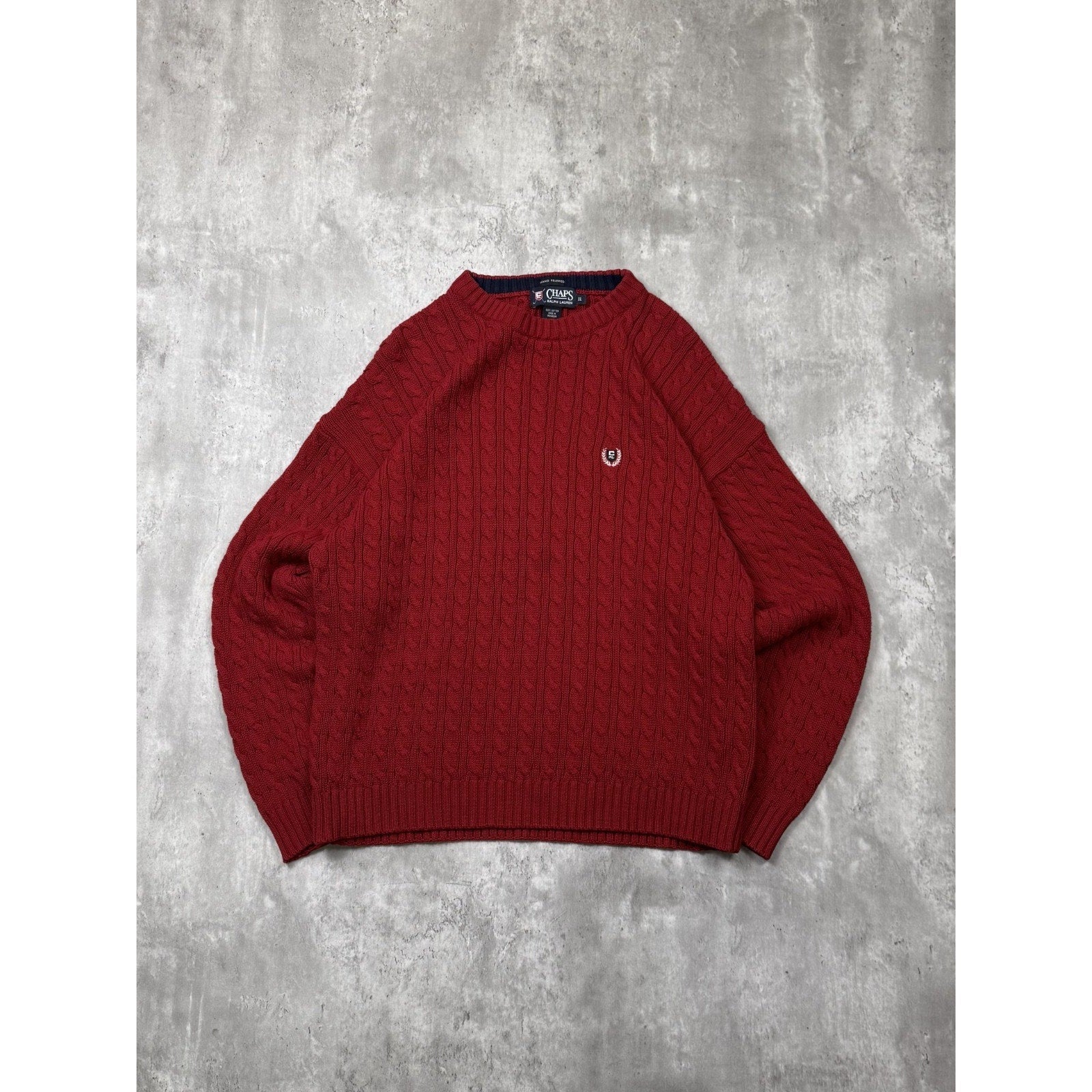 Vintage Chaps Embroidered Crest Pullover Red Cable Knit Sweater Size XL