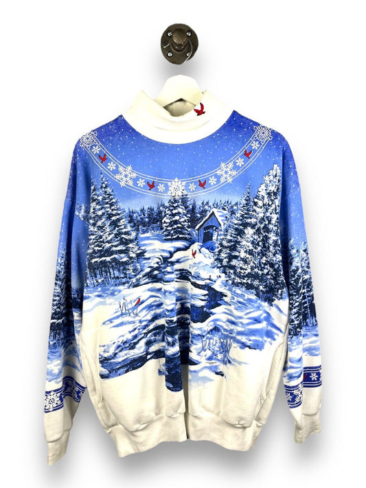 VTG 90s Winter Forest Landscape Turtle Neck All Over Print Sweatshirt Sz Large