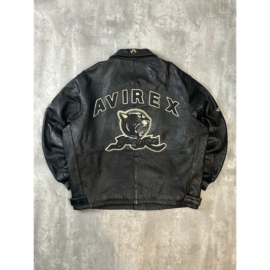 Vintage 90s Avirex Black Aces Embroidered Spellout Leather Jacket Size 3XL
