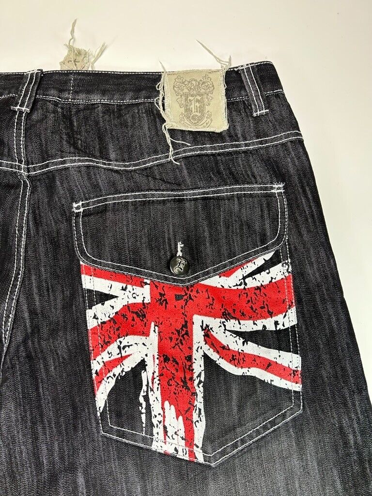 Vintage Y2K ESMX Baggy Fit Union Jack Graphic Black Wash Denim Pants Size 41