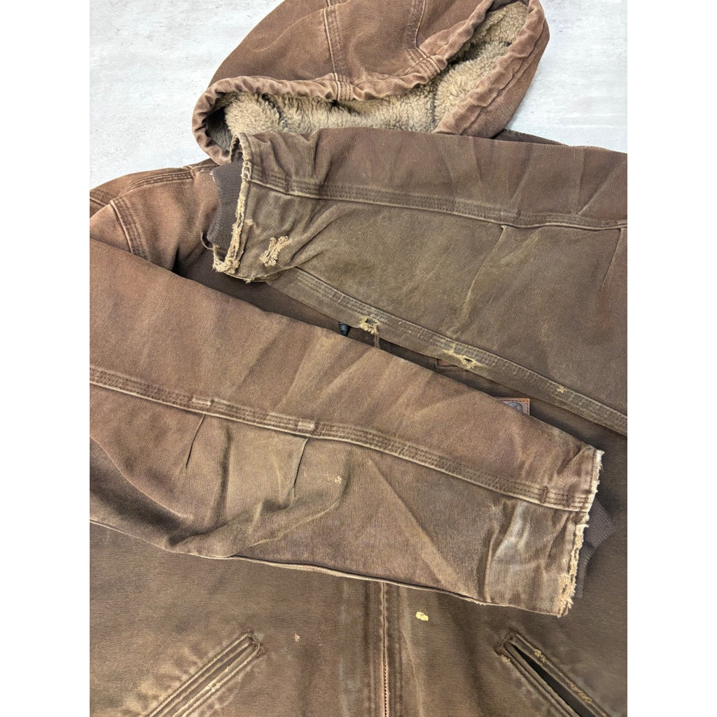 Vintage Carhartt Fleece Lined Canvas Brown Hooded Detroit Jacket Size Large