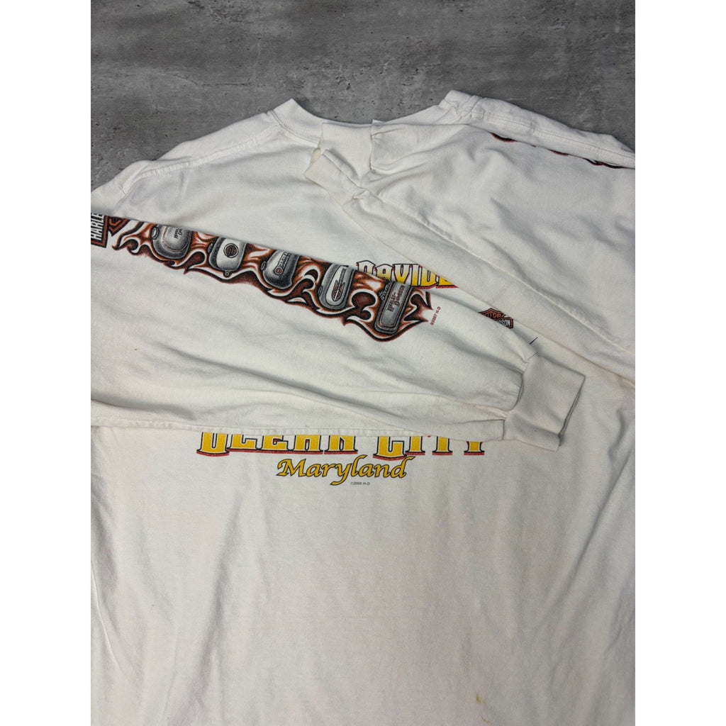 Vintage 2007 Harley Davidson Flame Graphic Spellout Long Sleeve T-Shirt Sz Large