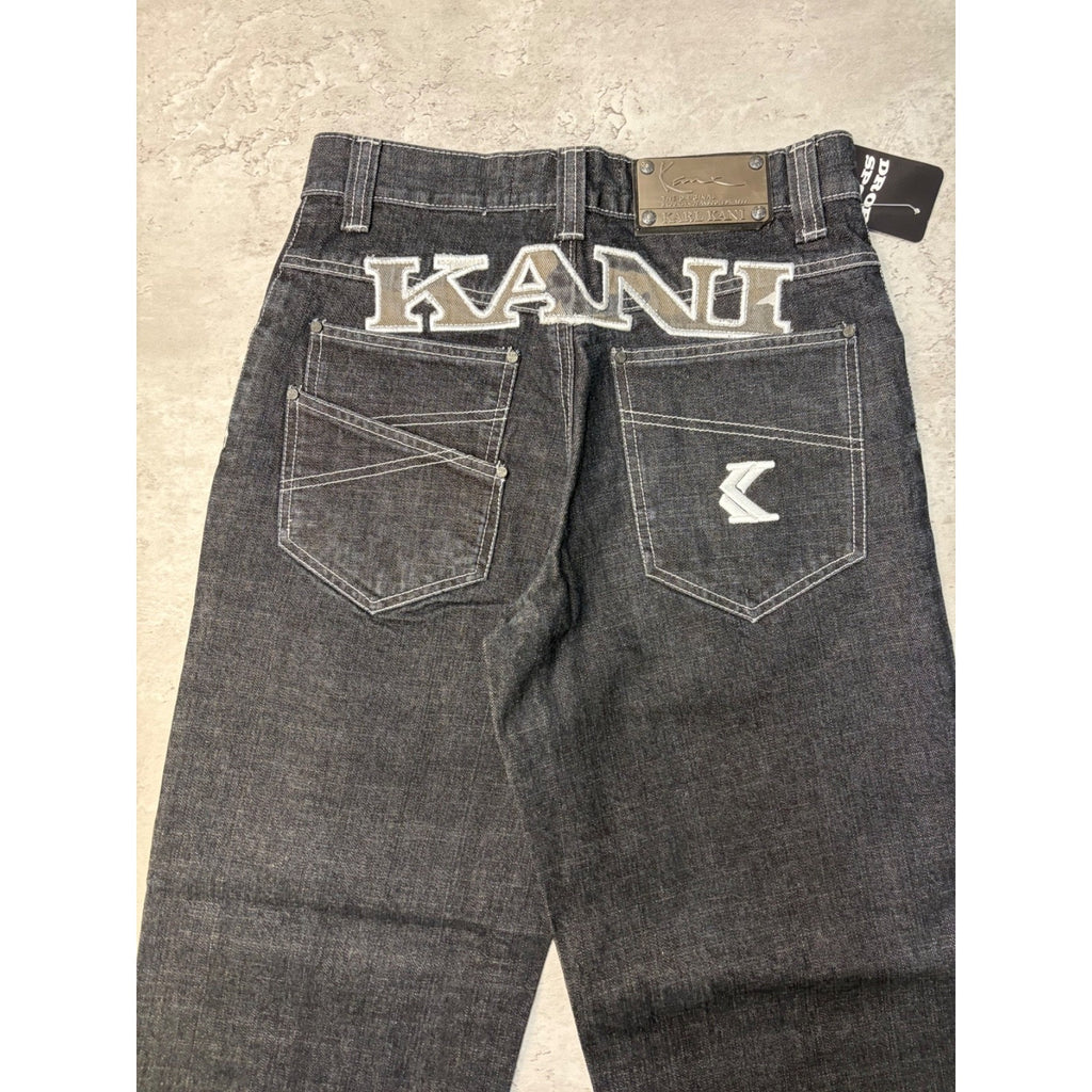 Vintage Y2K Womens Kani Embroidered Spellout Black Wash Denim Pants Size 29
