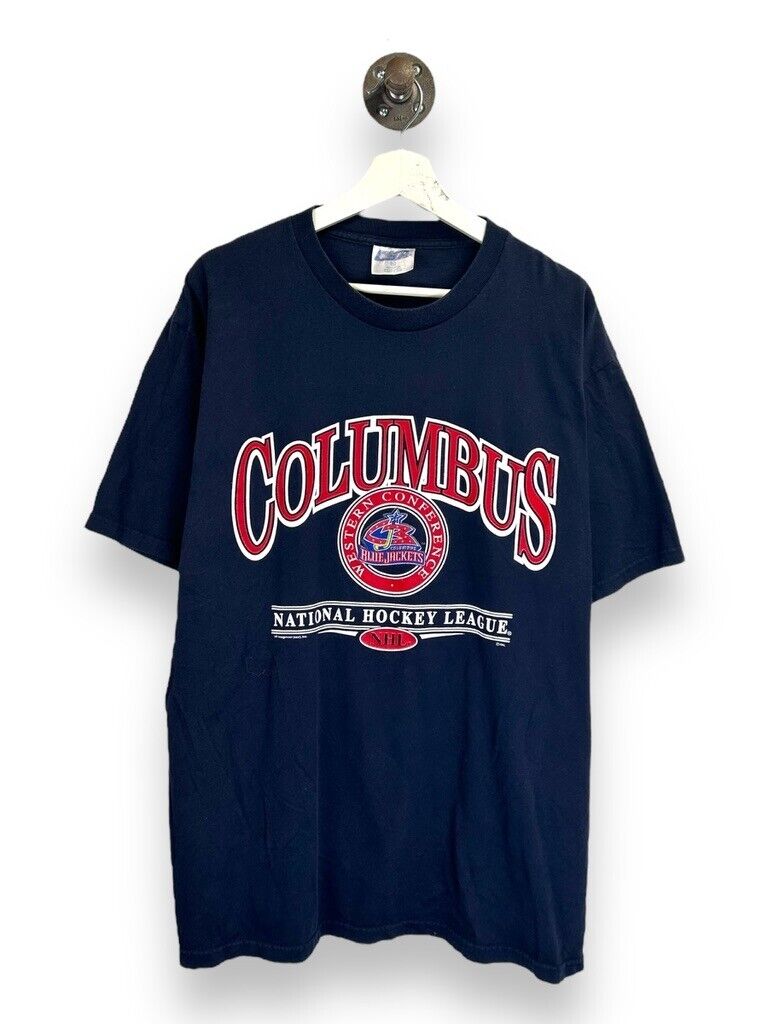 Vintage Columbus Blue Jackets NHL Graphic Spell Out Hockey T-Shirt Size XL Blue