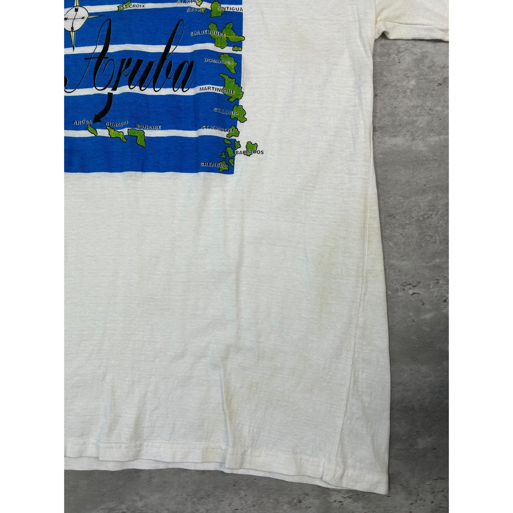 Vintage 90s Aruba Map Spellout Graphic Destination T-Shirt Size Large White