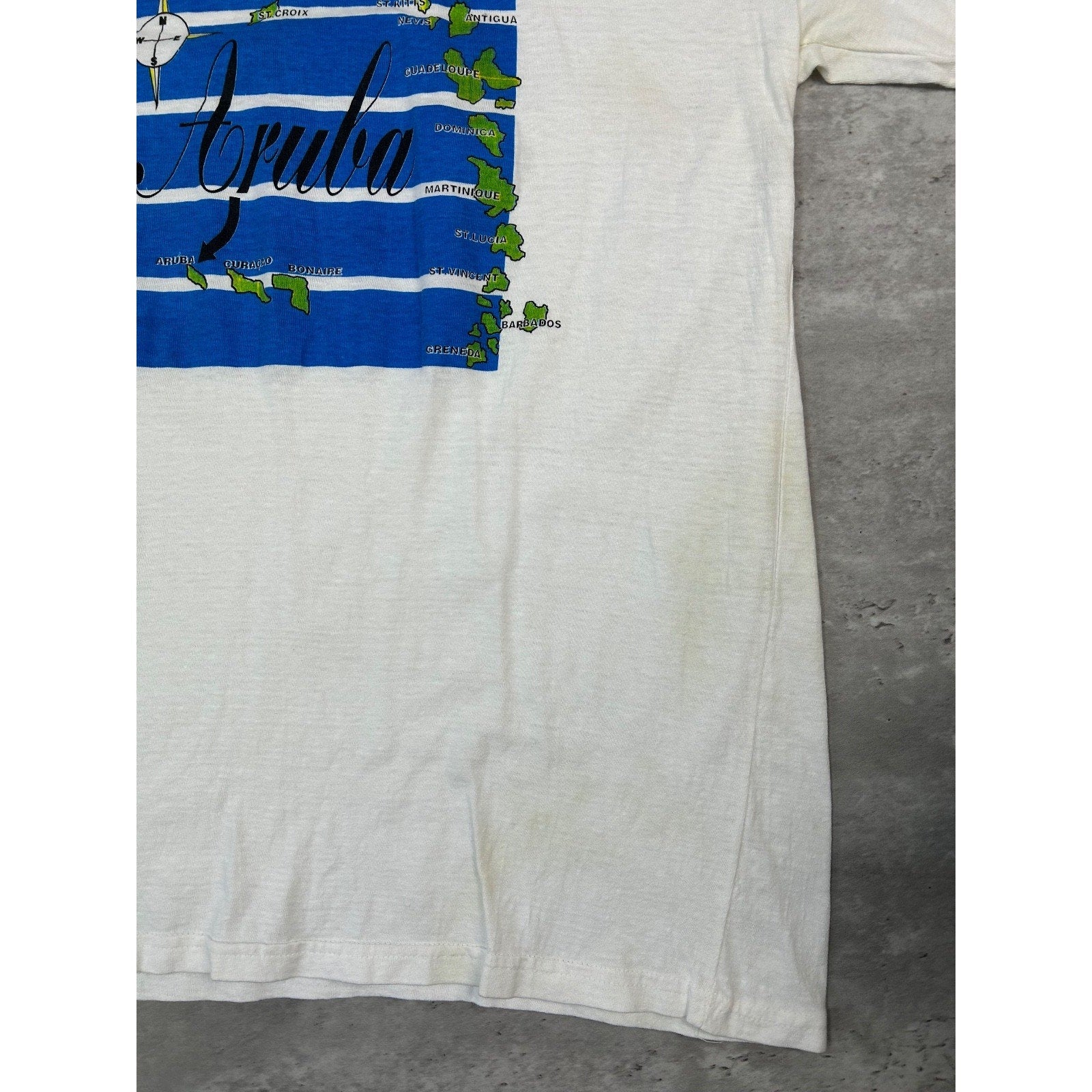 Vintage 90s Aruba Map Spellout Graphic Destination T-Shirt Size Large White