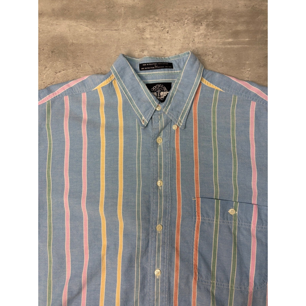 Vintage Dockers Striped Single Pocket Cropped Button Up Shirt Size Large