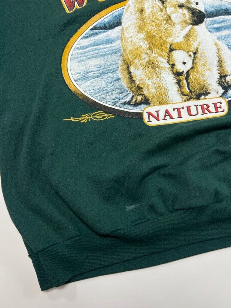 Vintage 90s Wildlife Nature Polar Bear Big Graphic Sweatshirt Size XL Green