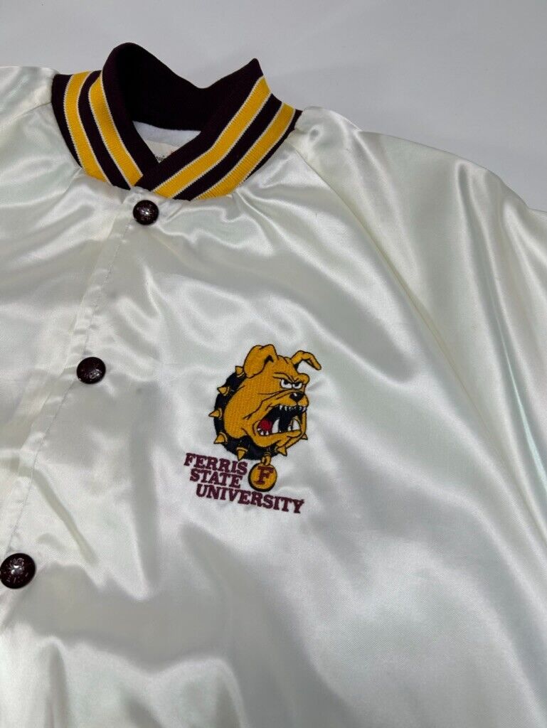 Vintage 80s Ferris State Bulldogs NCAA Satin Bomber Jacket Size Medium White