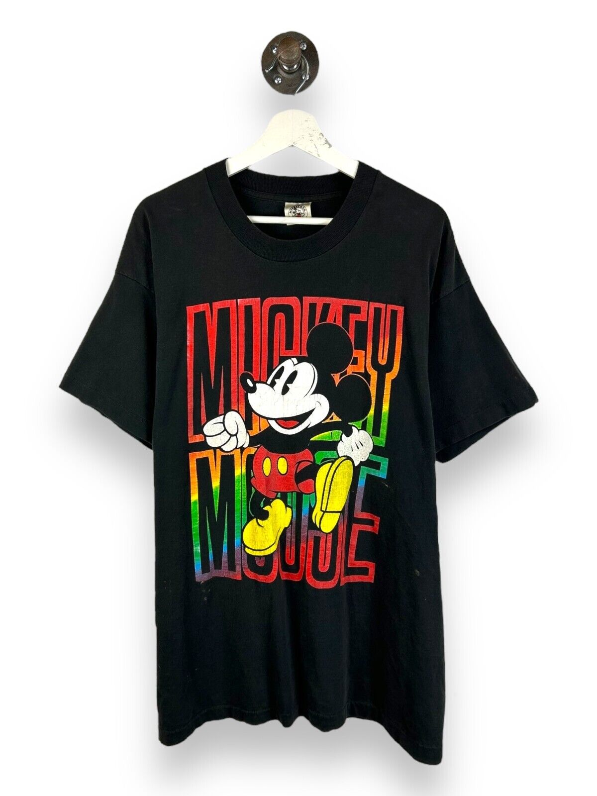 Vintage 90s Mickey Mouse Cartoon Character Graphic Spellout T-Shirt Size XL