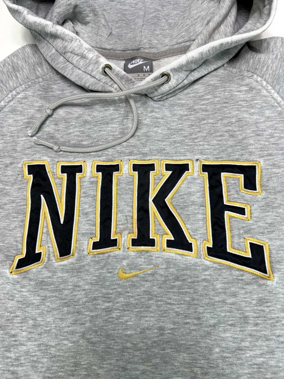 Vintage Nike Embroidered Spellout Distressed Hooded Sweatshirt Size Medium Gray