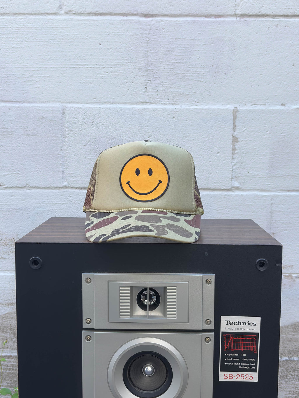 Vintage Smiley Face Patch Camo Trucker Snapback Hat OSFA