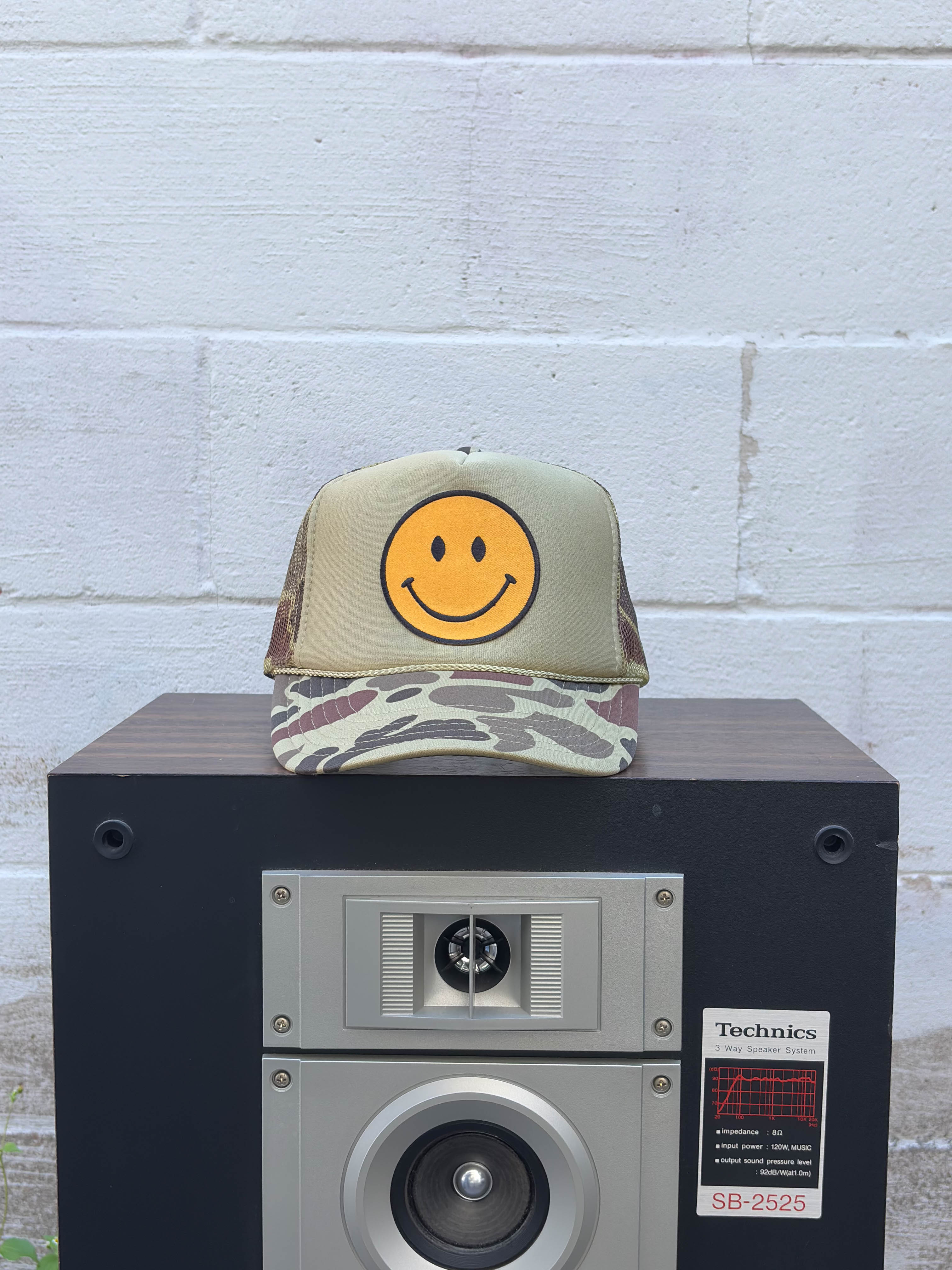 Vintage Smiley Face Patch Camo Trucker Snapback Hat OSFA