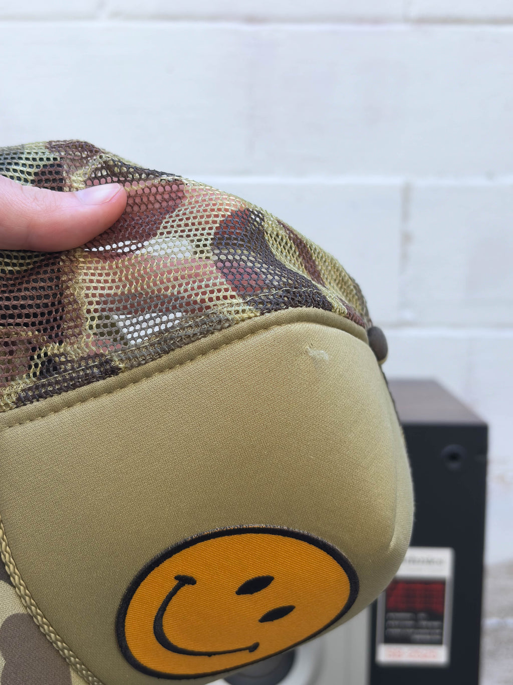 Vintage Smiley Face Patch Camo Trucker Snapback Hat OSFA