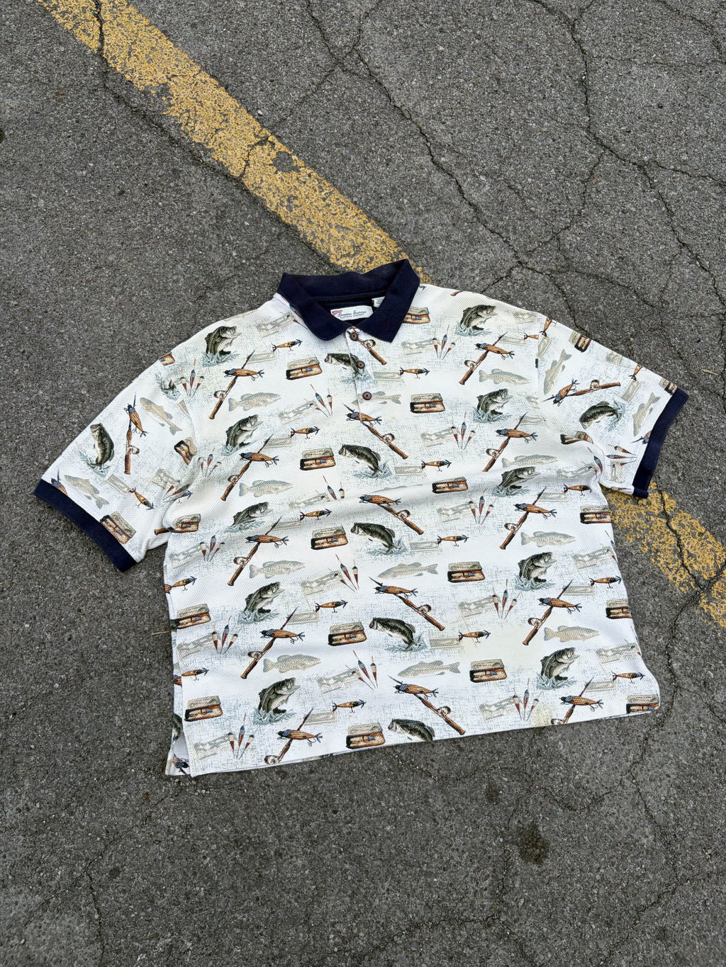 Vintage American Summer Fishing Graphic 1/4 Button Up Shirt Size