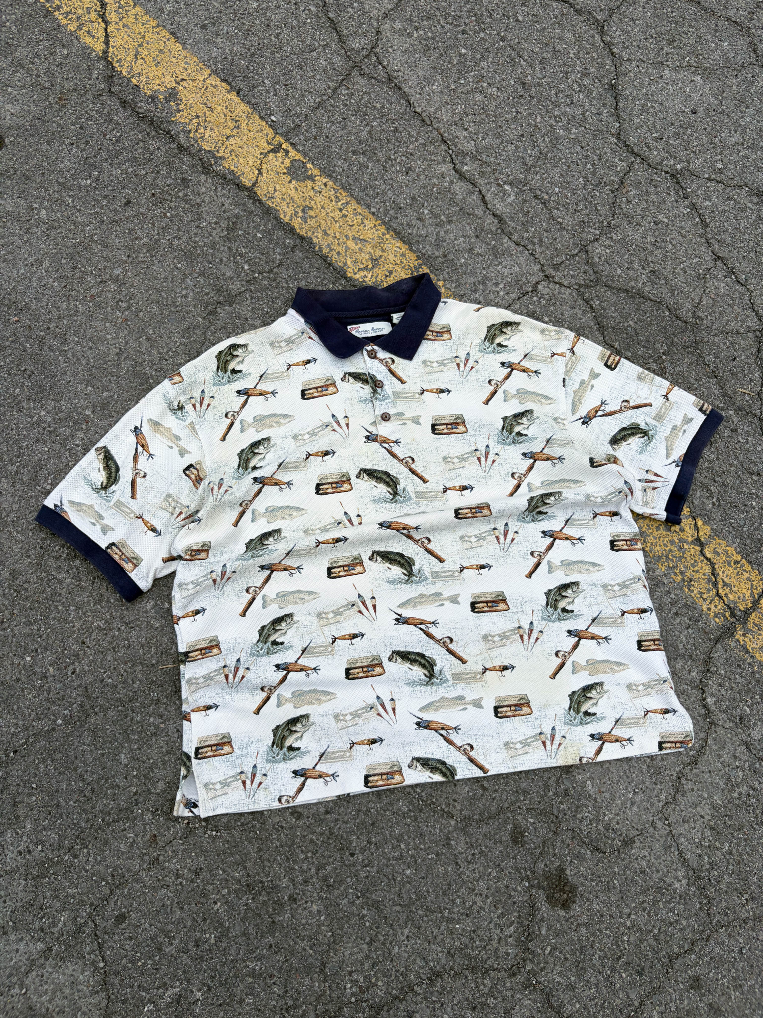 Vintage American Summer Fishing Graphic 1/4 Button Up Shirt Size