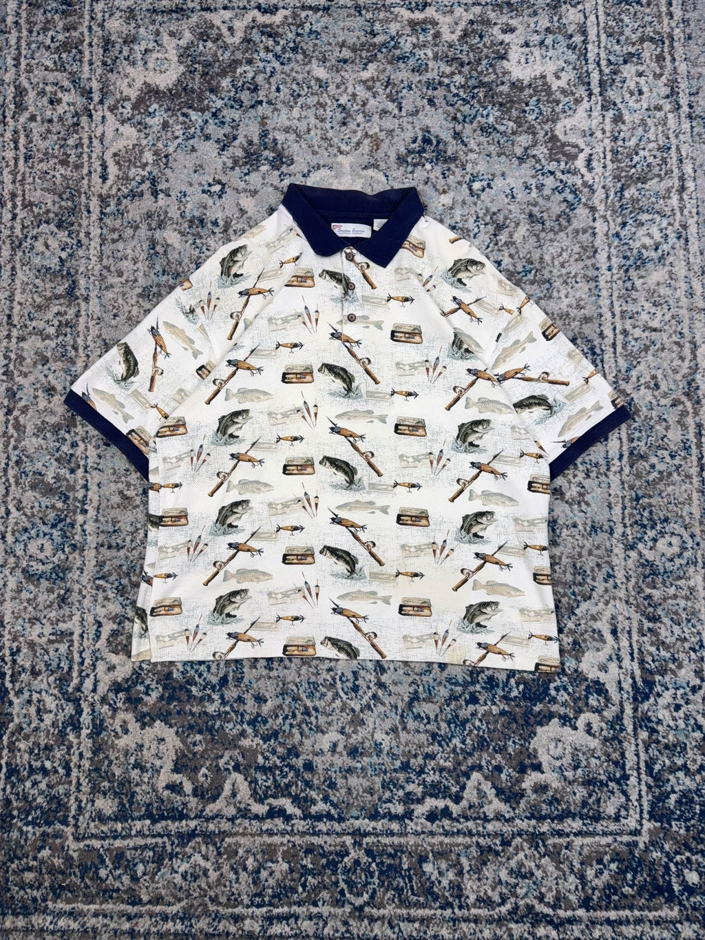 Vintage American Summer Fishing Graphic 1/4 Button Up Shirt Size