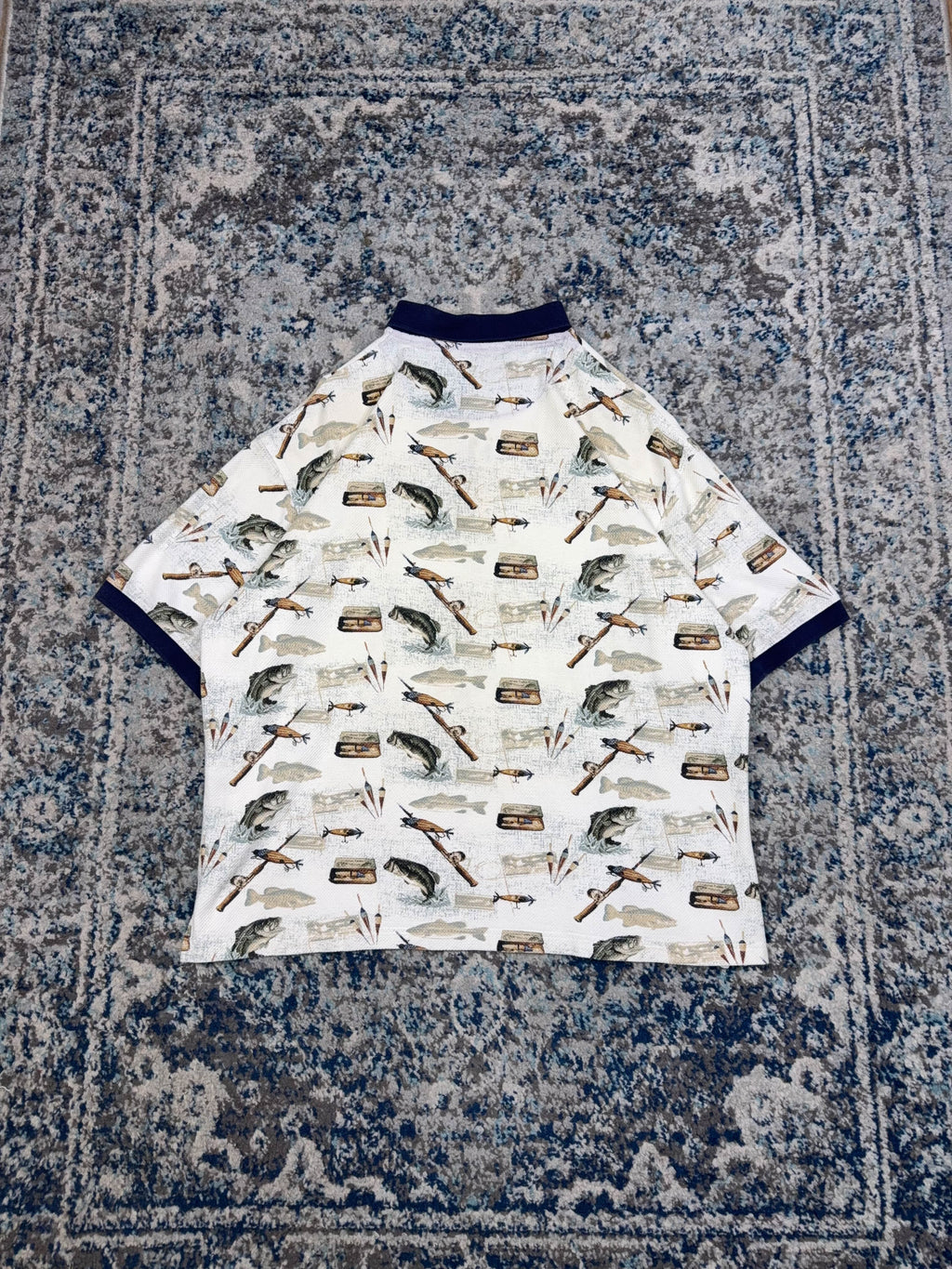 Vintage American Summer Fishing Graphic 1/4 Button Up Shirt Size
