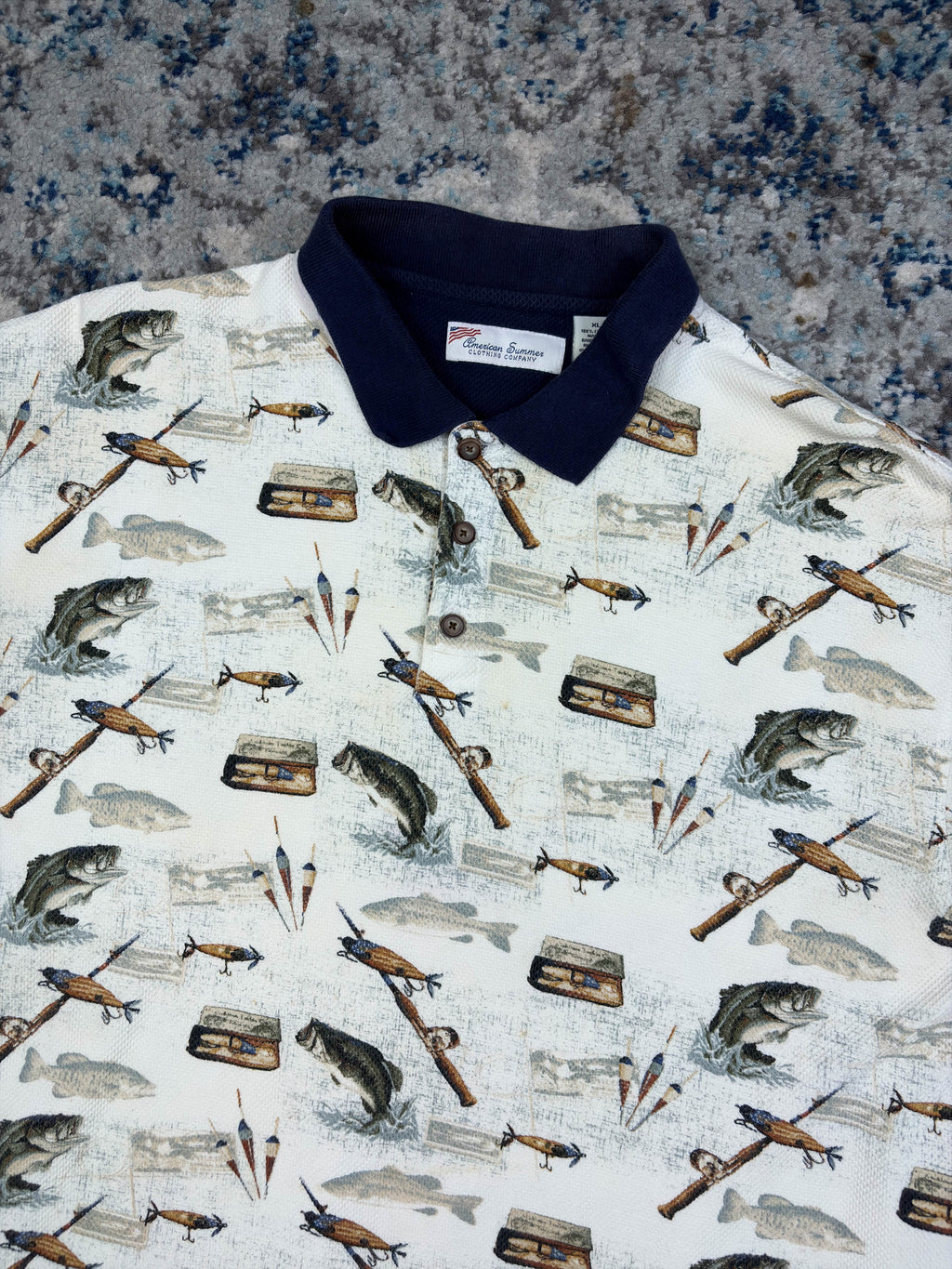 Vintage American Summer Fishing Graphic 1/4 Button Up Shirt Size