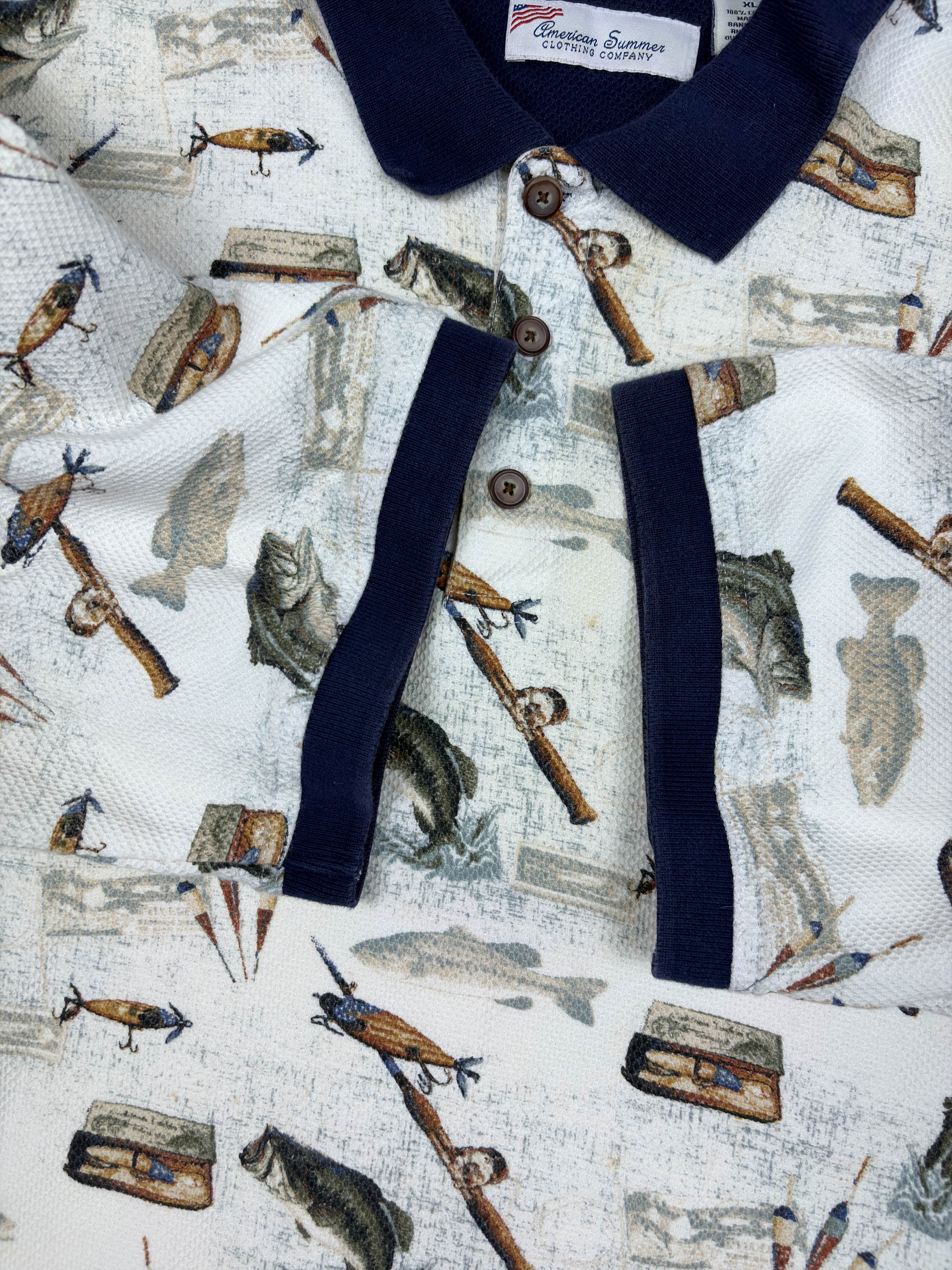 Vintage American Summer Fishing Graphic 1/4 Button Up Shirt Size