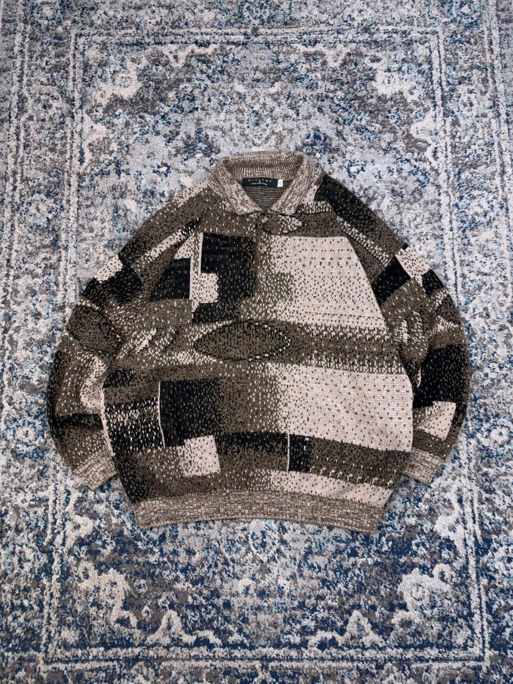 Vintage 90s Protege Abstract Pattern 1/4 Button Knit Sweater Size 3XL