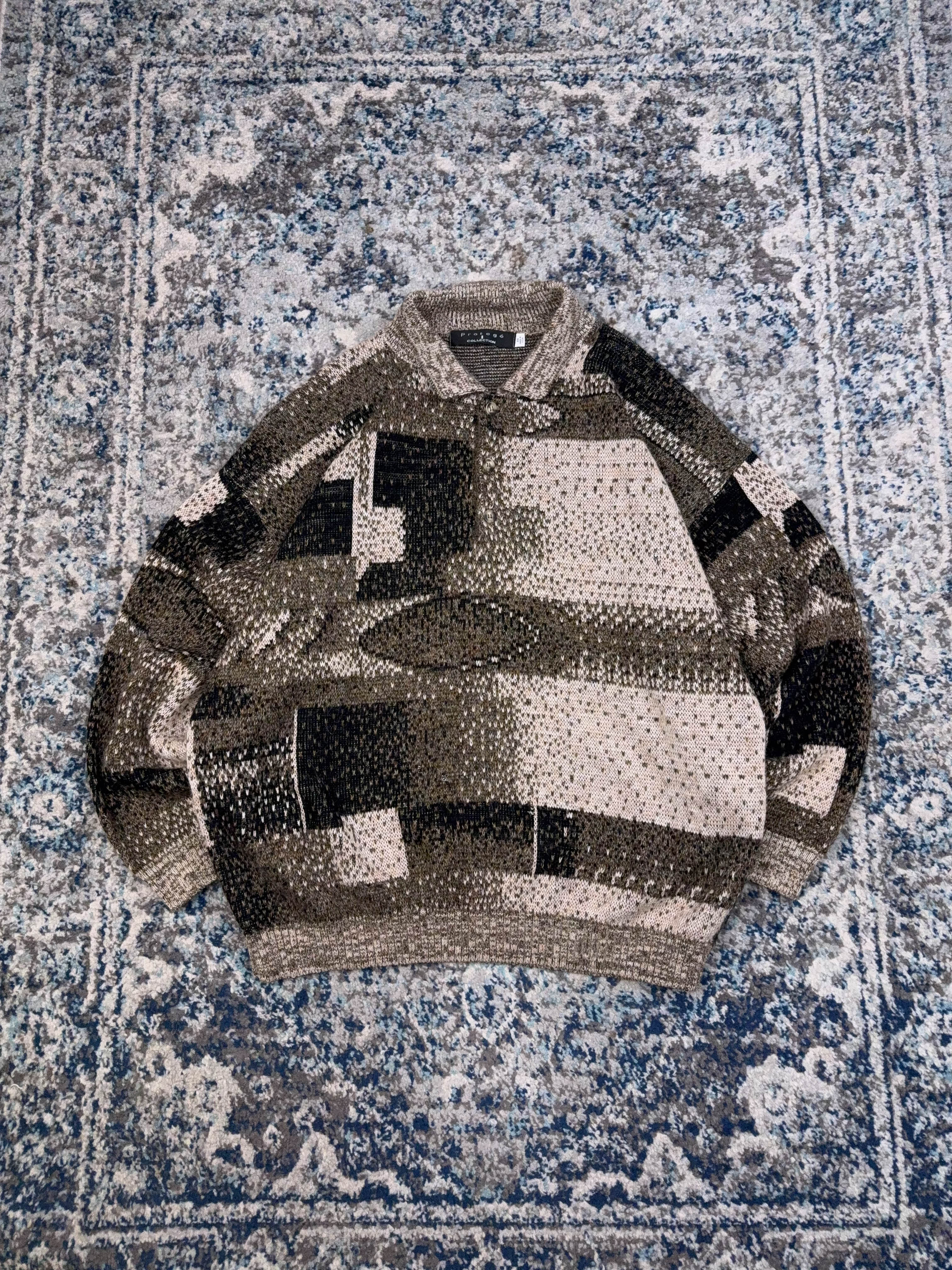 Vintage 90s Protege Abstract Pattern 1/4 Button Knit Sweater Size 3XL