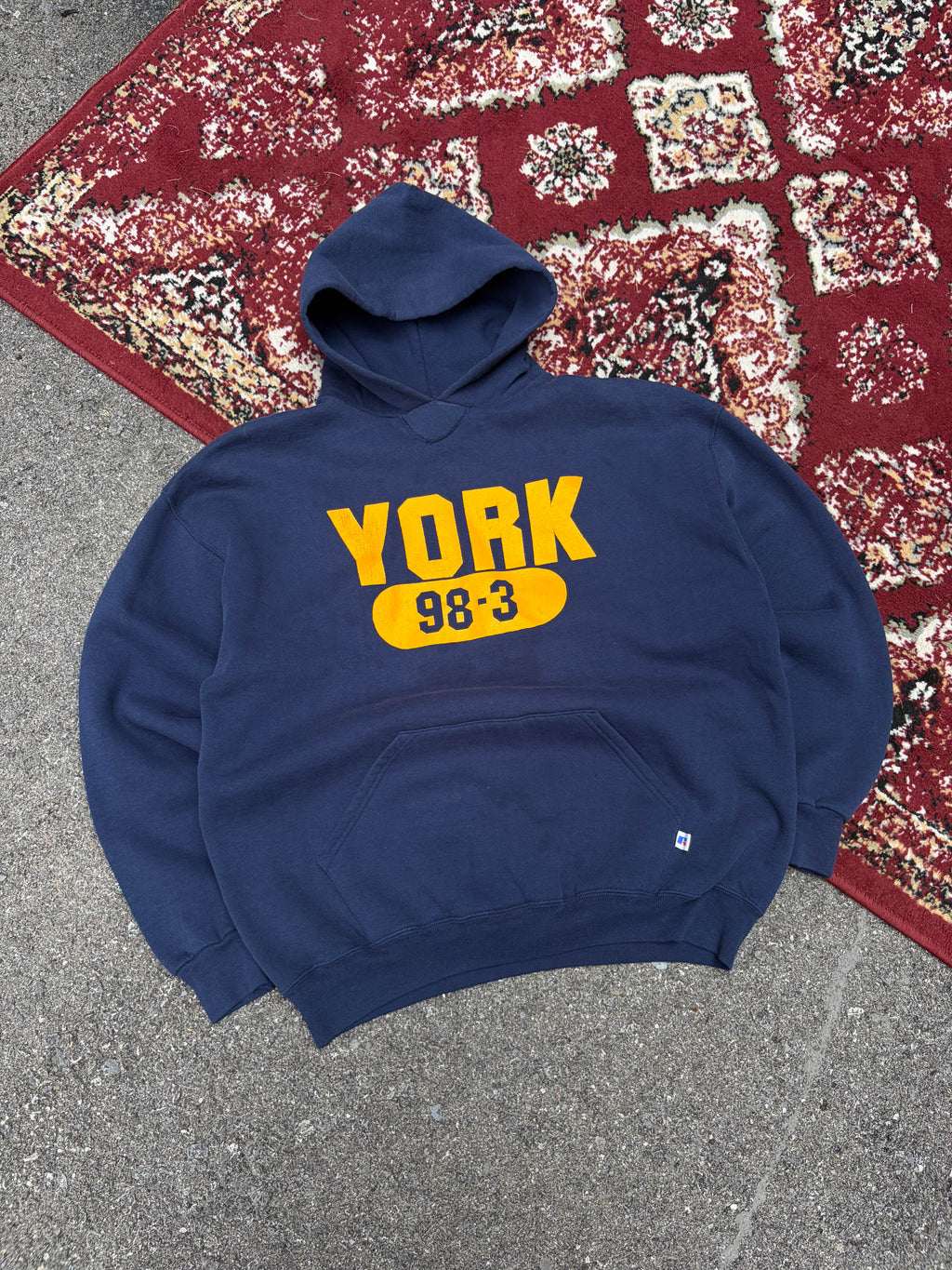 Vintage York Graphic Spellout Hooded Russell Sweatshirt Size XL