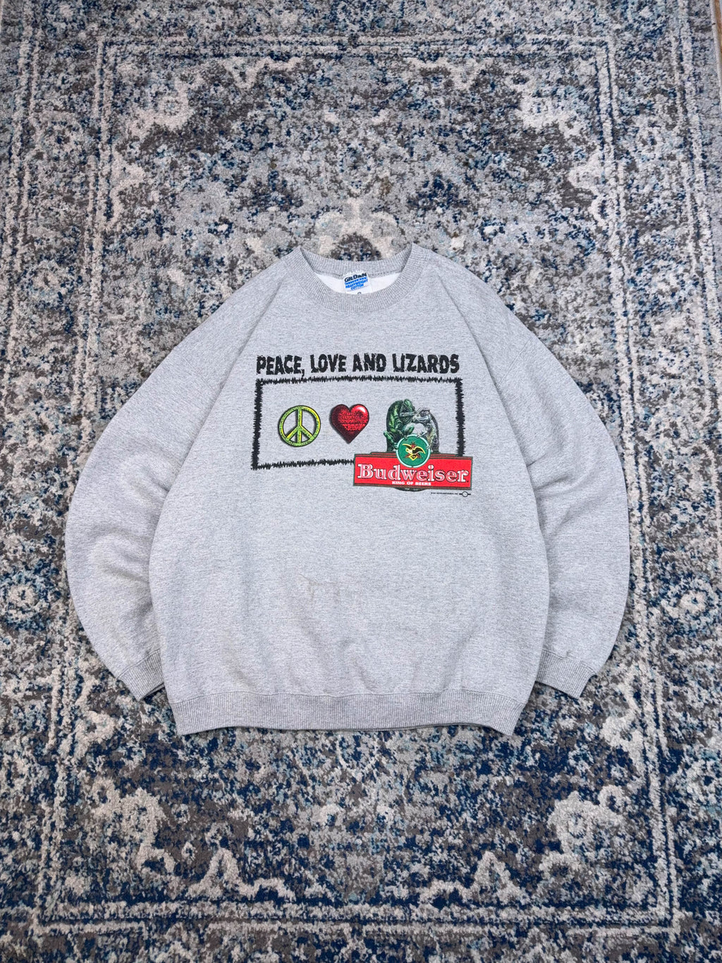 Vintage 1997 Budweiser Peace, Love And Lizards Graphic Sweatshirt Size XL