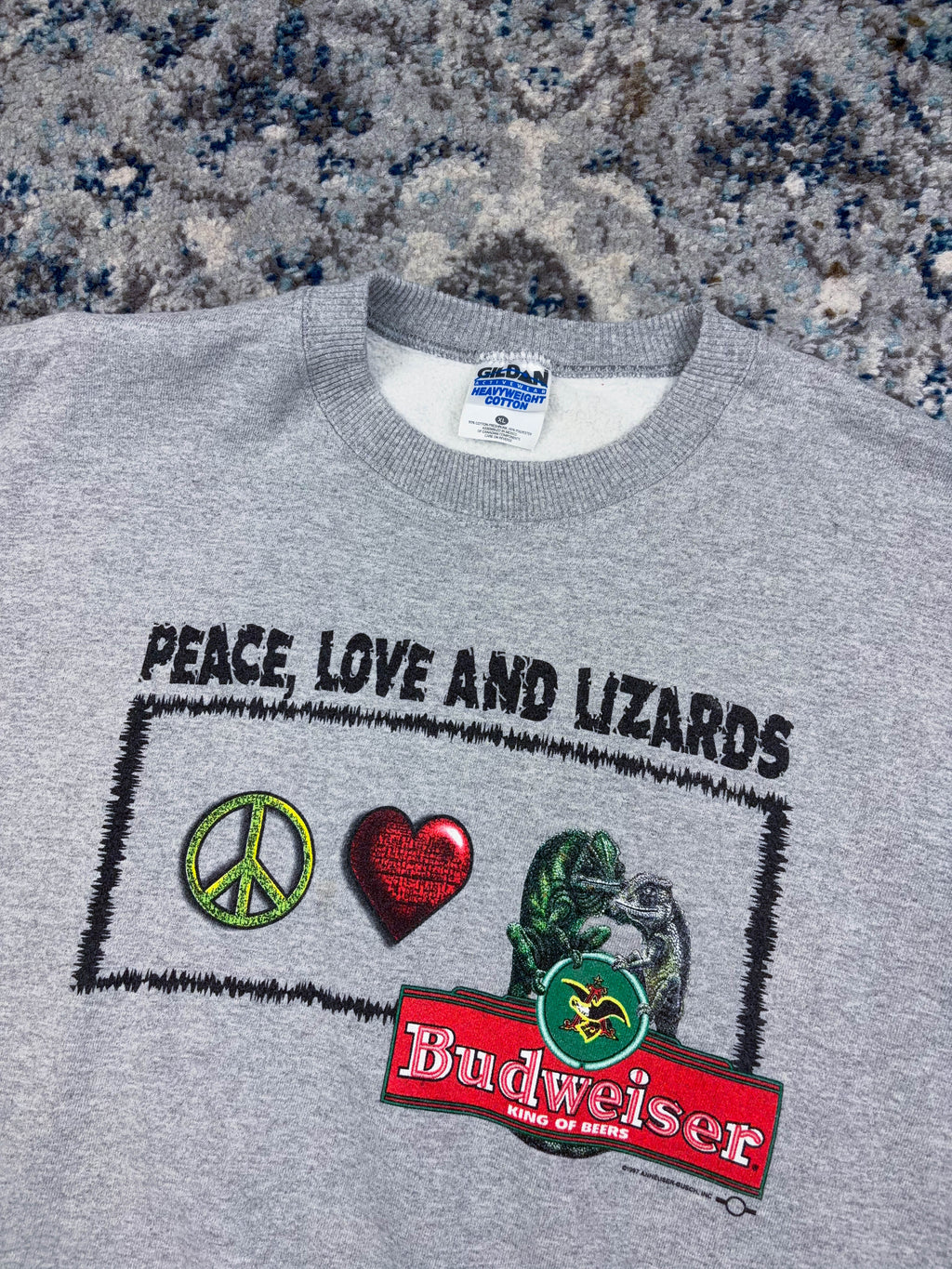 Vintage 1997 Budweiser Peace, Love And Lizards Graphic Sweatshirt Size XL