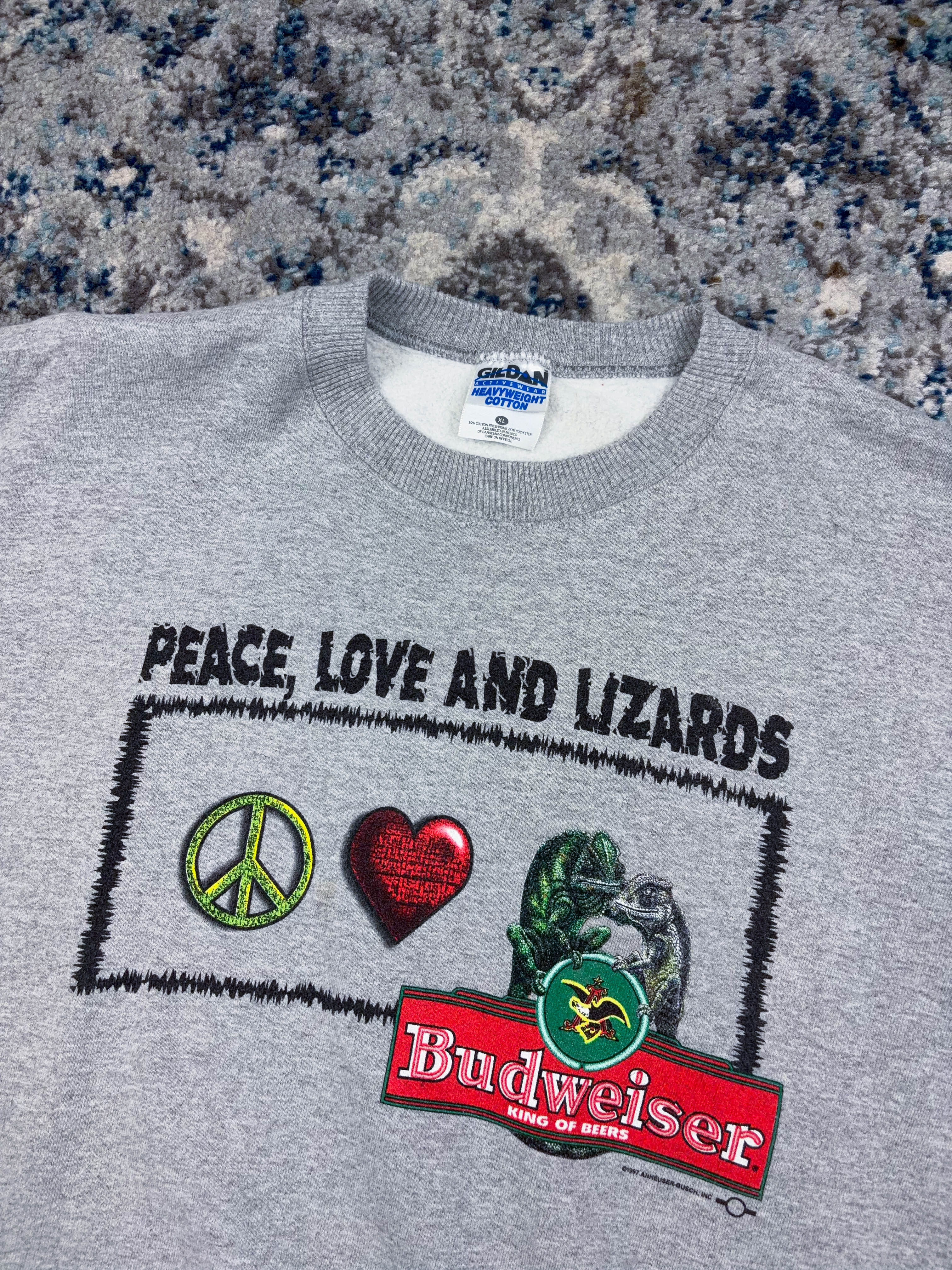 Vintage 1997 Budweiser Peace, Love And Lizards Graphic Sweatshirt Size XL