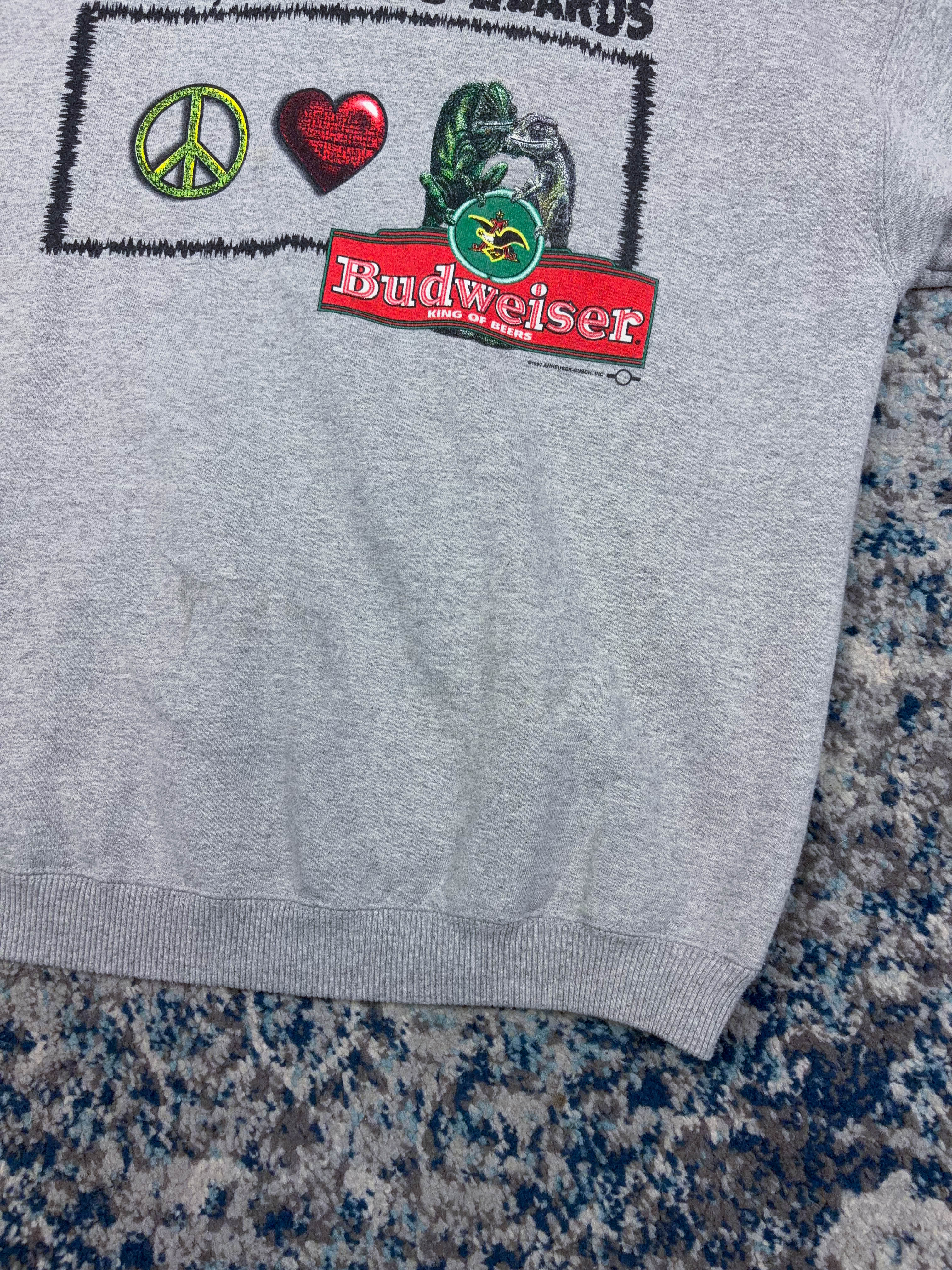 Vintage 1997 Budweiser Peace, Love And Lizards Graphic Sweatshirt Size XL