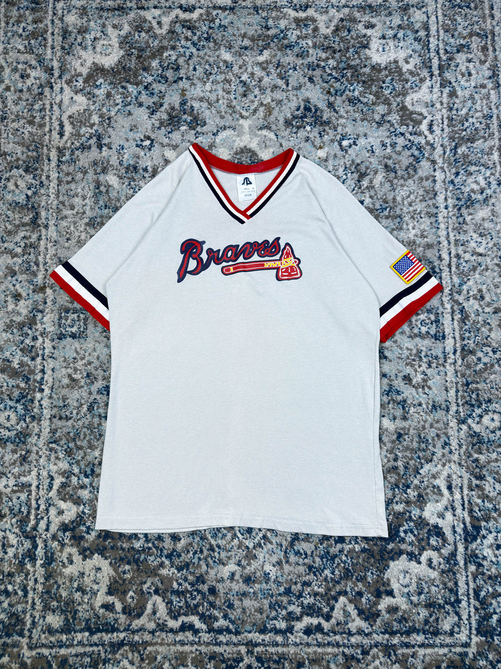 Vintage 90s Atlanta Braves MLB Logo Spellout Baseball Jersey Size XL