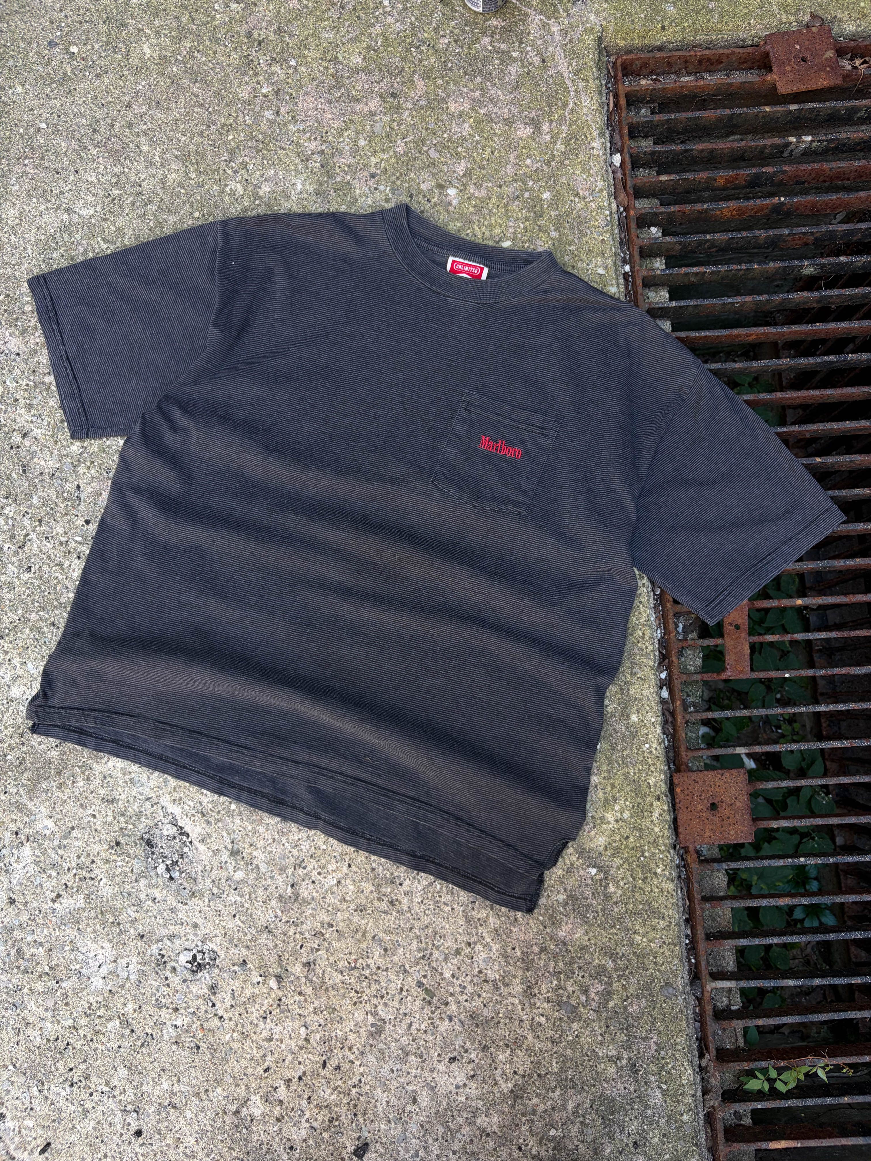 Vintage Marlboro Unlimited Embroidered Logo Striped Pocket T-Shirt Size XL